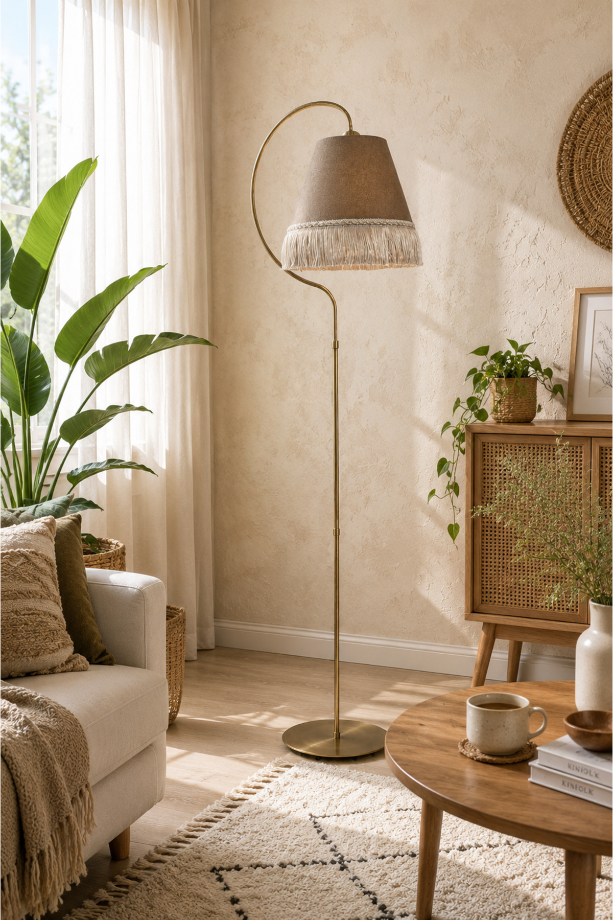 Floor Lamp Black Yellow Patina Lampshade ⭐️Brown Fabric Hat Yellow Tassel Hall Corner Lamp
