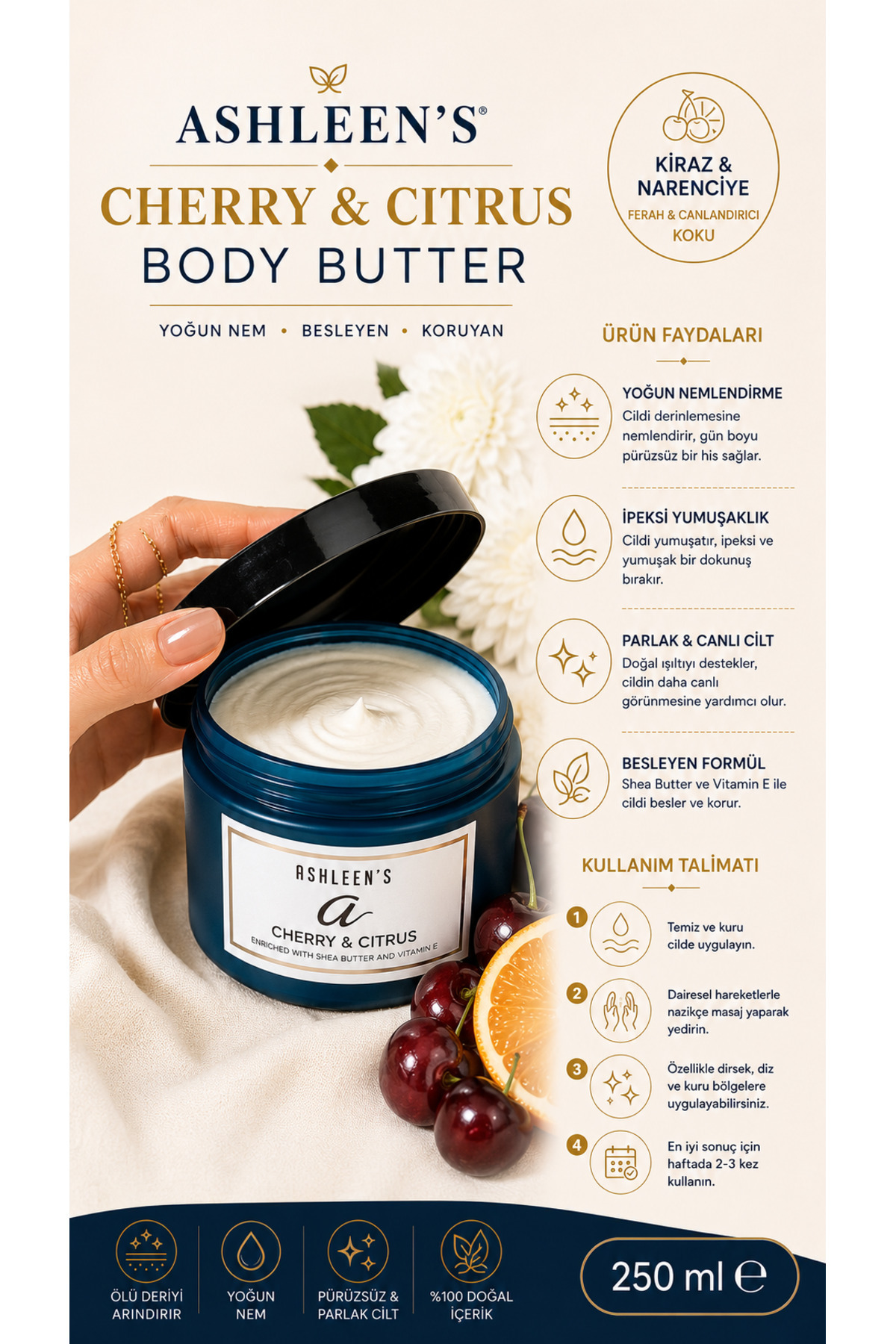Ashleen’s CHEERY & CITRUS Kiraz Çiçeği ve Narenciye Kokulu Pürüzsüzleştirici Vücut Kremi BODY BUTTER — 24013 — تصویر 2 از 2