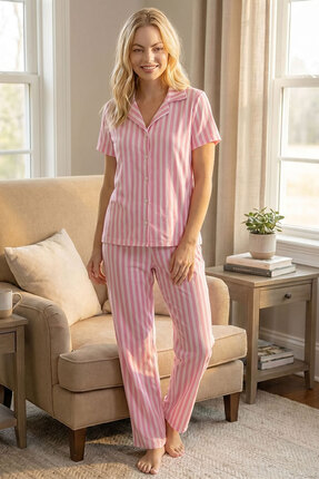 Roza Pijama Pembe Beyaz Çizgili Rahat Kadın Pijama Takımı ROZA014