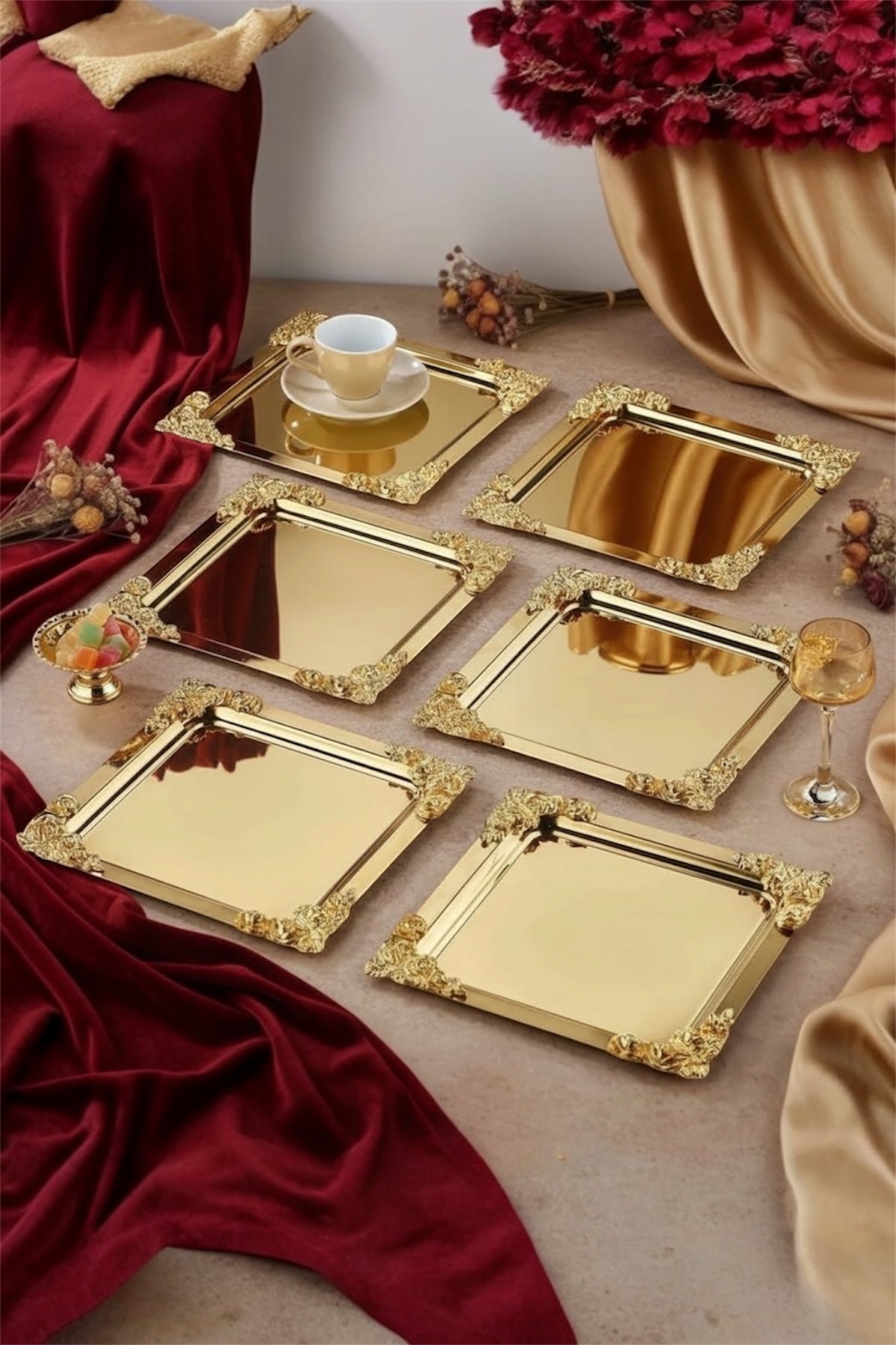 6-Piece Complete Gold 18/10 Rose Motif Steel Coffee Serving Tray