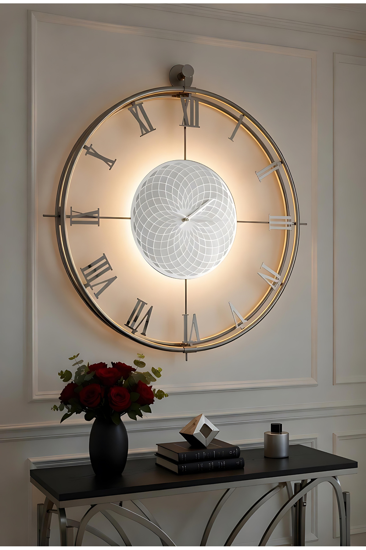 Chakra ROMAN (Silver) Full Steel Roman Numeral (Battery Powered Led) Modern (furniture) Wall Clock