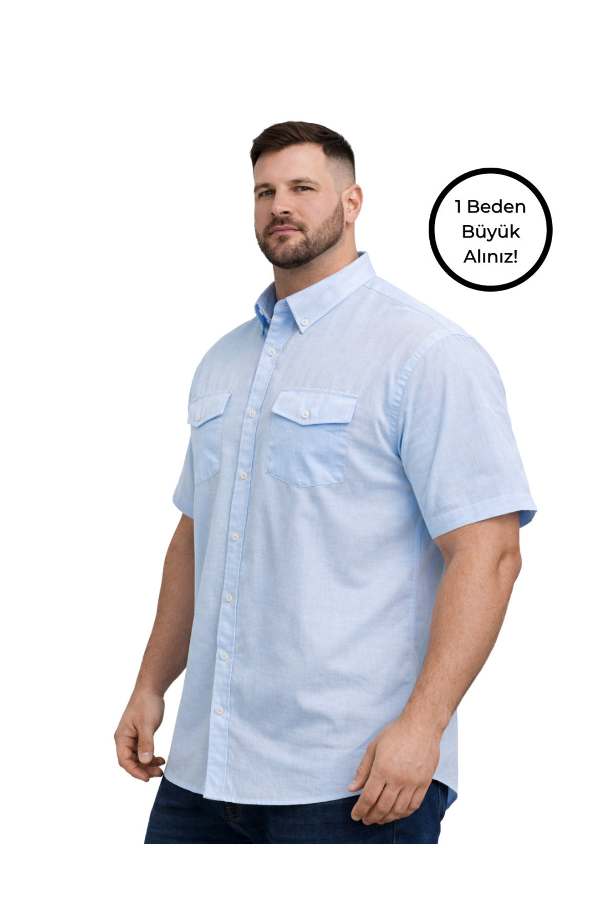 BattalModa Erkek Büyük Beden Havacı Çift Cepli Kısa Kollu Gömlek 3XL-4XL-5XL-6XL-7XL-8XL görsel 2