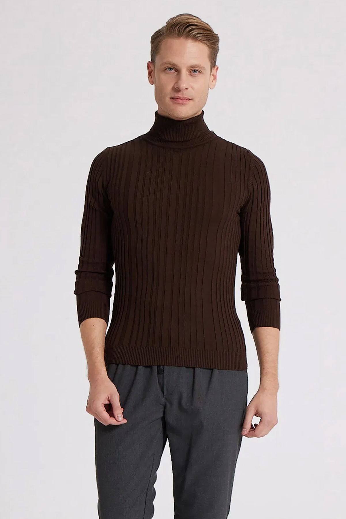 Ds Damat Slim Fit Kahverengi Fitilli Pamuk Karışımlı Boğazlı Triko Kazak — قهوه‌ای 5HF06ORT63100 — تصویر 6 از 6