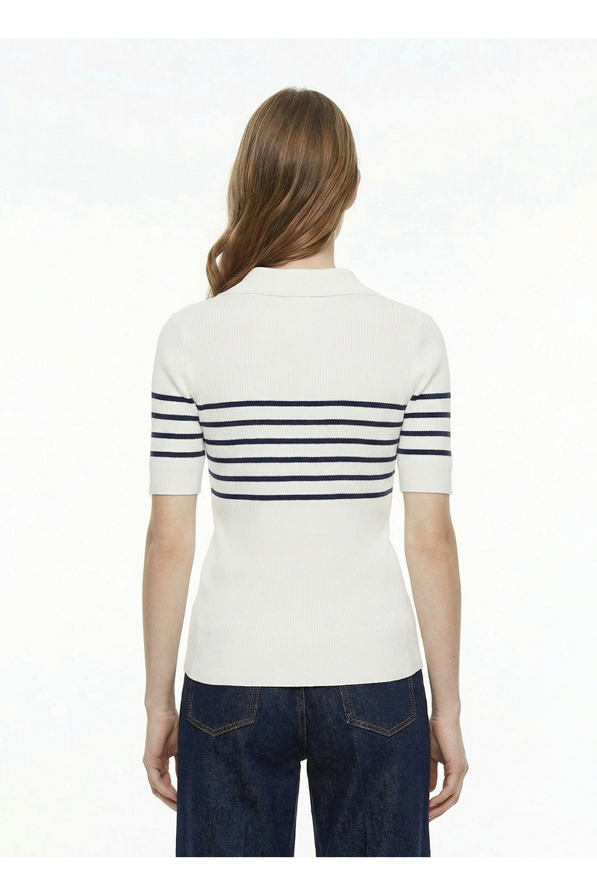 Fabrika Ekru - Lacivert Kadın Çizgili Slim Fit Triko Kazak F6SL-KZK0500 görsel 4