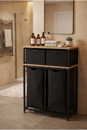 miyuhome Metal Kızaklı Çamaşır Sepeti 2 Adet Saklama Kutulu 2X40 LT Kirli Sep...