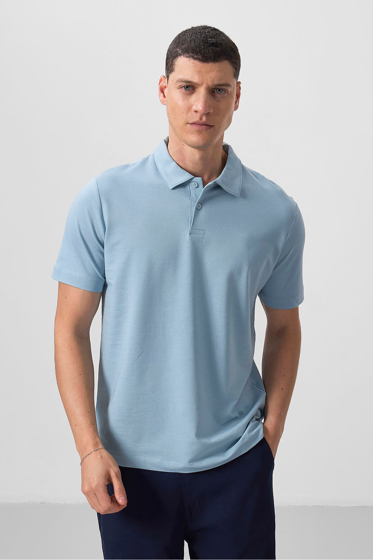 Tommy Life Ice Blue Standard Fit Basic Polo Neck Men's T-Shirt - 87768