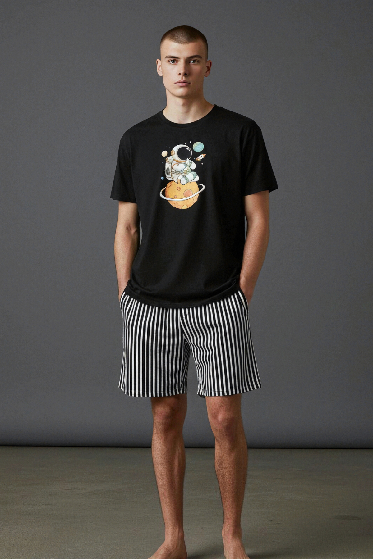 koza iç giyim Erkek Pamuklu Kısa Üst Baskılı Cepli Şort Pijama Takımı görsel 4