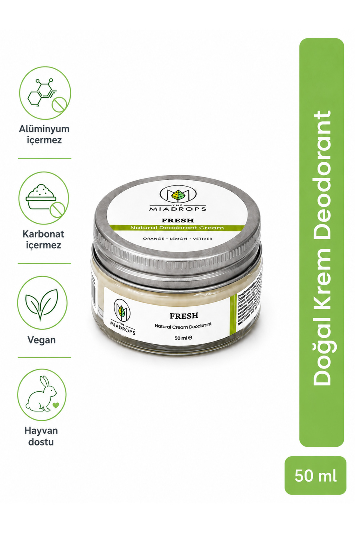 The Miadrops Fresh Doğal Krem Deodorant 50 ml | Portakal Limon