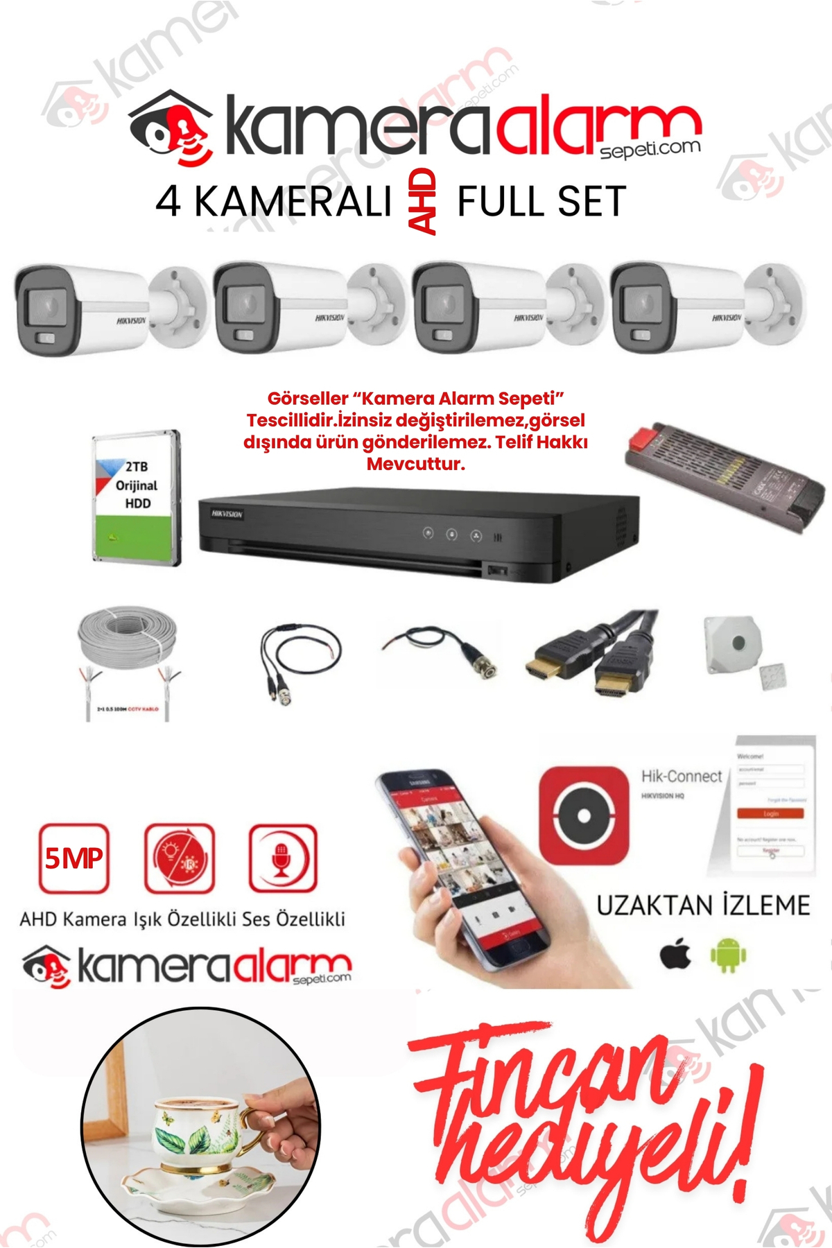 Hikvision 4MP 7/24 Renkli Görüşlü 4'lü AHD Kamera Seti - Uzaktan