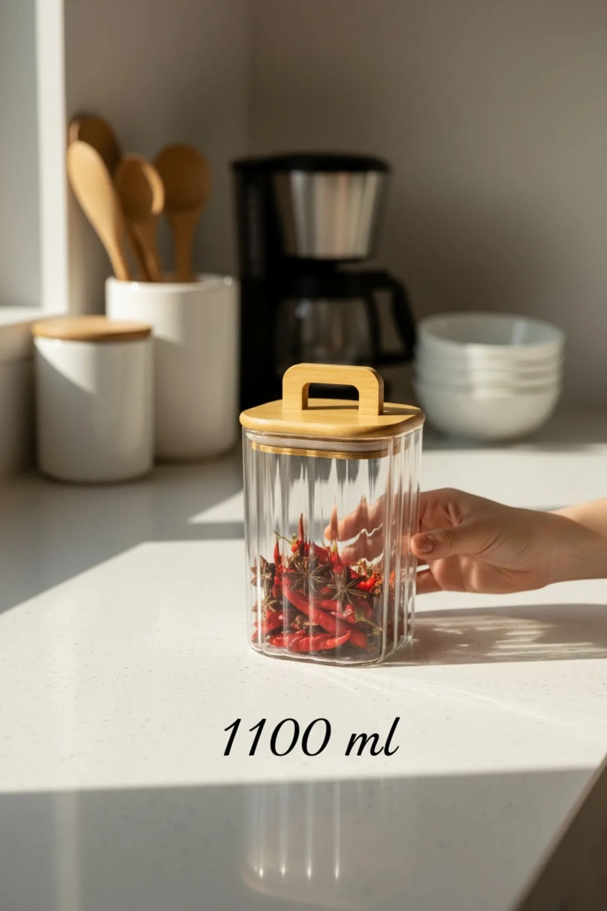 Bambu Kapaklı 1100 ml Line (Çizgili) Cam Saklama Kavanozu