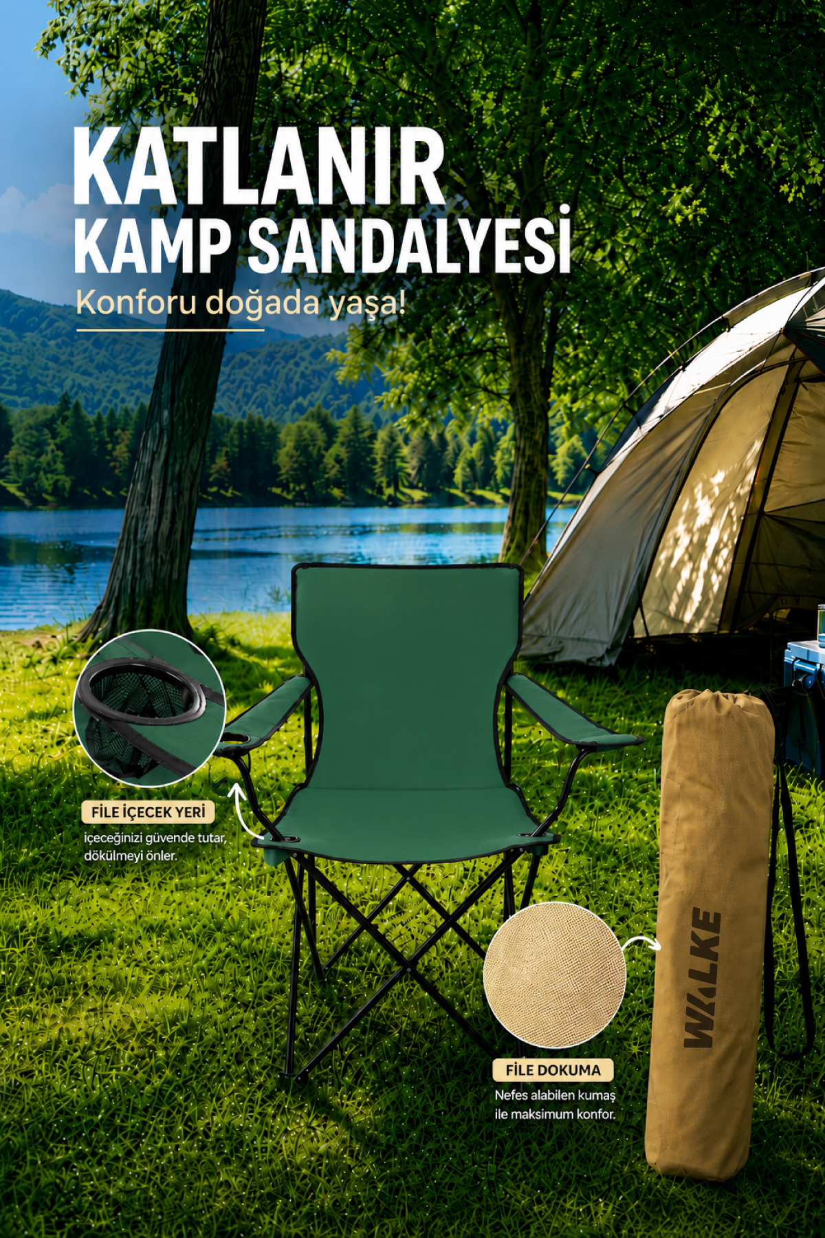 Foldable Camping Chair Picnic Chair Beach Chair with Green Carrying Case