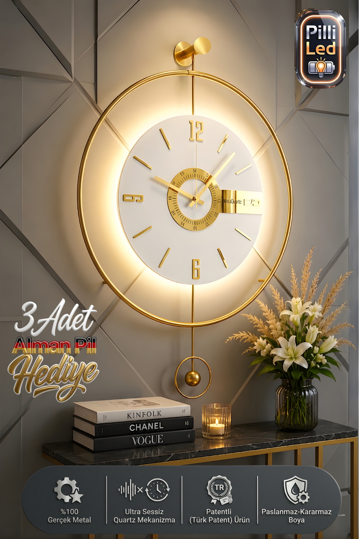 (NEW PENDULUM) Elite Three Exculisive (LARGE SIZE) , Metal (FURNITURE) Wall Clock