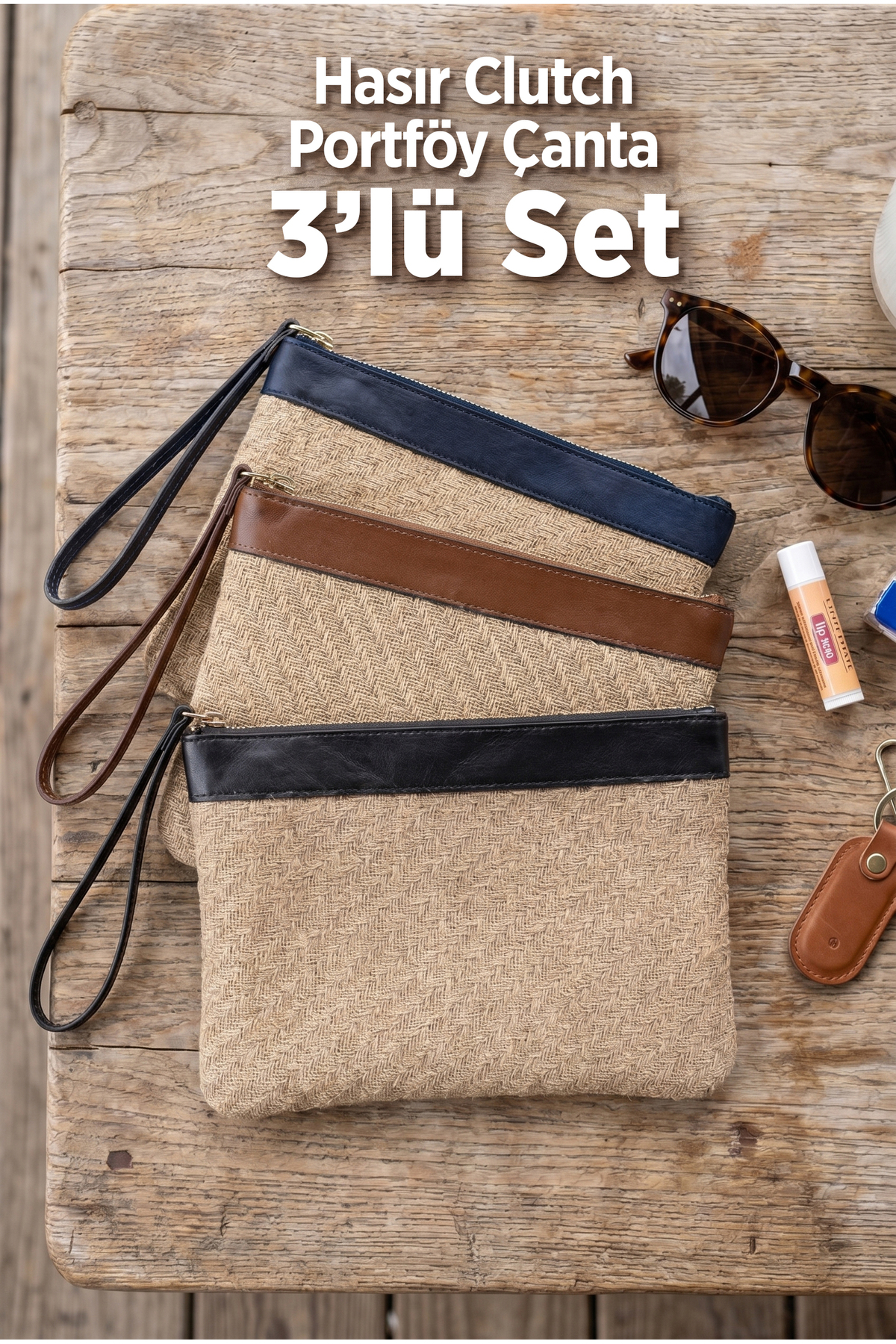 GLONDY Jolie 3'lü Hasır Örgü Avantaj Seti - Kadın Portföy, Clutch ve Yazlık Tatil Çantası