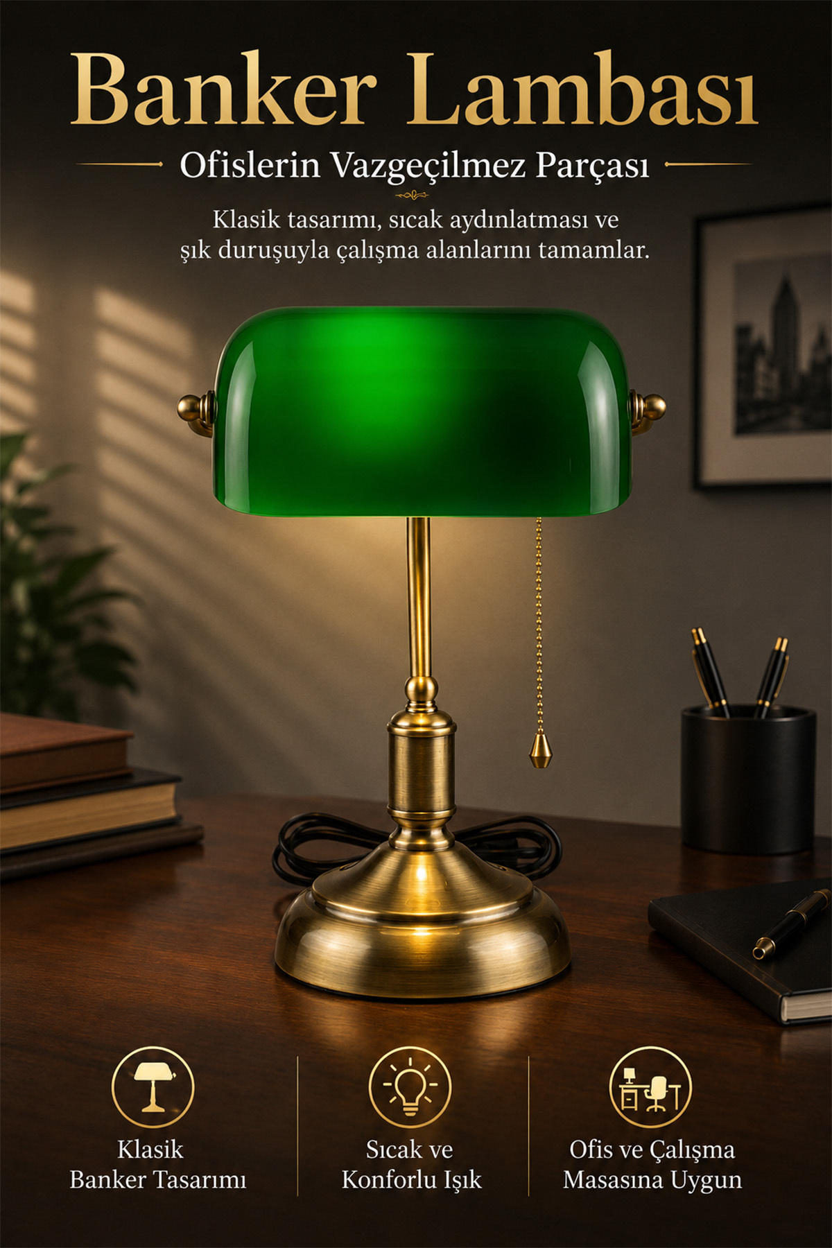 Banker Desk Lamp Green Glass Aged Body E27 Duy Retro Decorative Desk Lamp (WITH BULB GIFT)