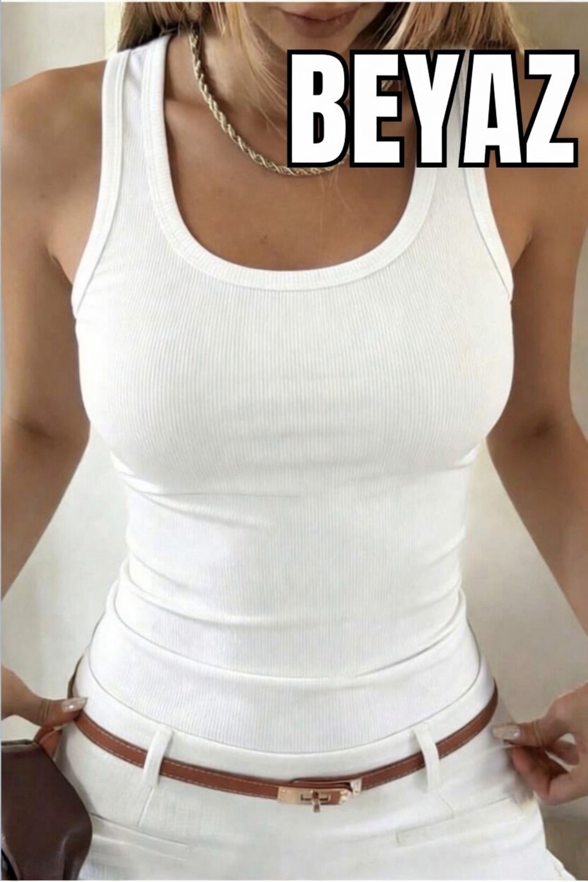 Women's Ribbed Look Thick Strap Basic White Singlet