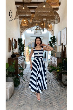 Moda Banuş Çizgili Kemer Detaylı A Kesim Lacivert Elbise