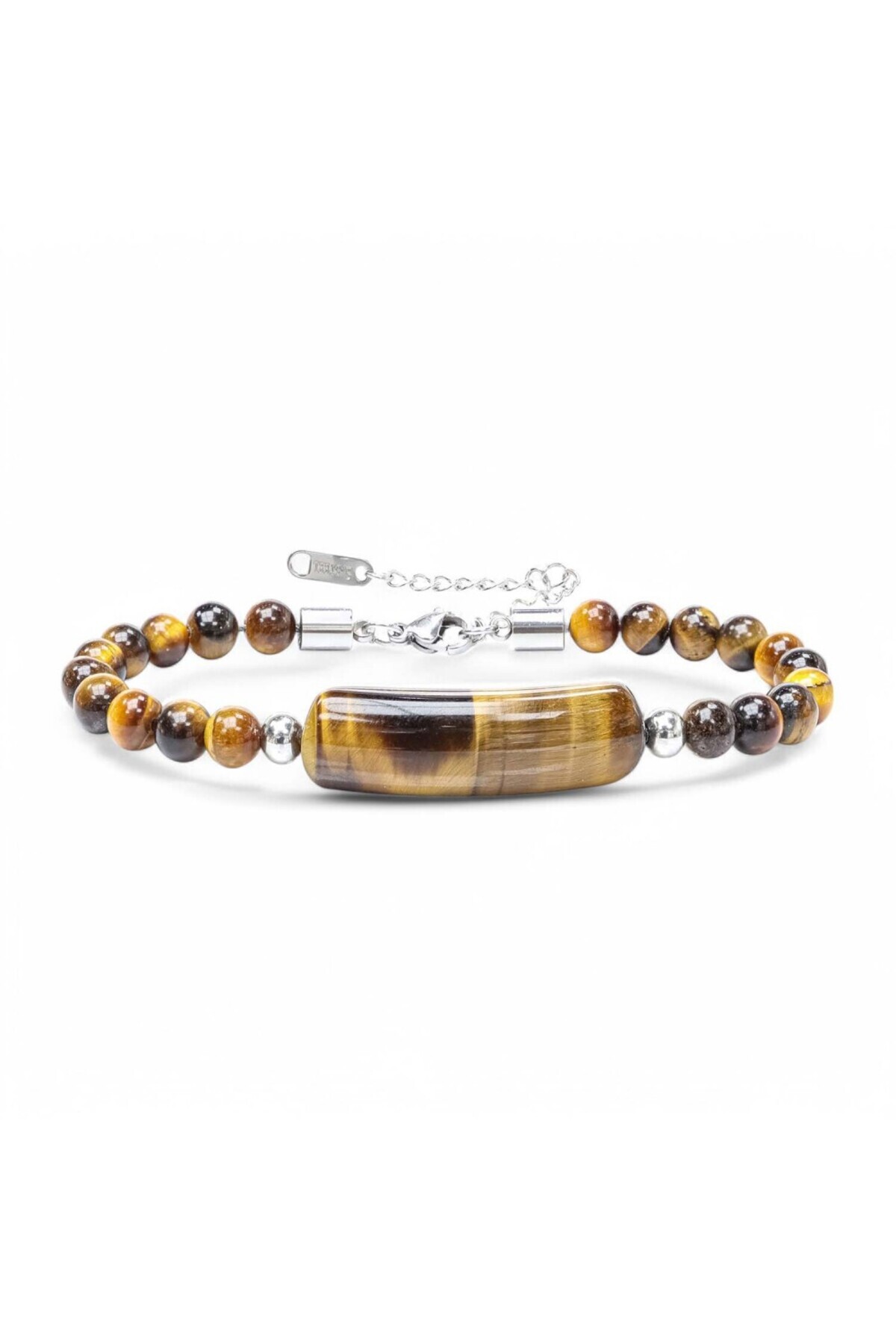 Men's Tiger Eye Natural Stone Steel Bracelet - Adjustable 21 cm