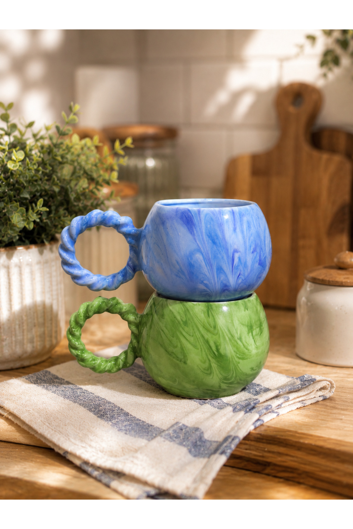 2-Piece Knitted Handle Bubble Green-Blue Ebruli Handmade Ceramic Mug