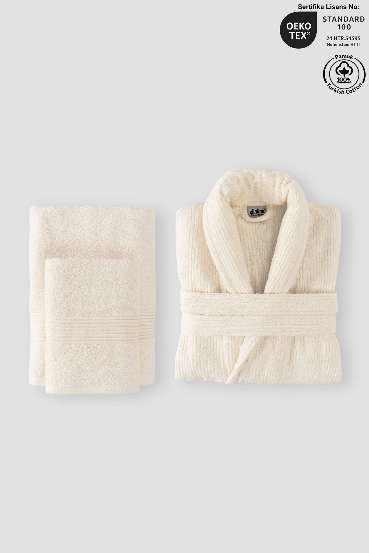 Striped Bathrobe Set 100% Cotton Certified 3-Piece Chalyaka Bathrobe and Head Towel Set Cream Color