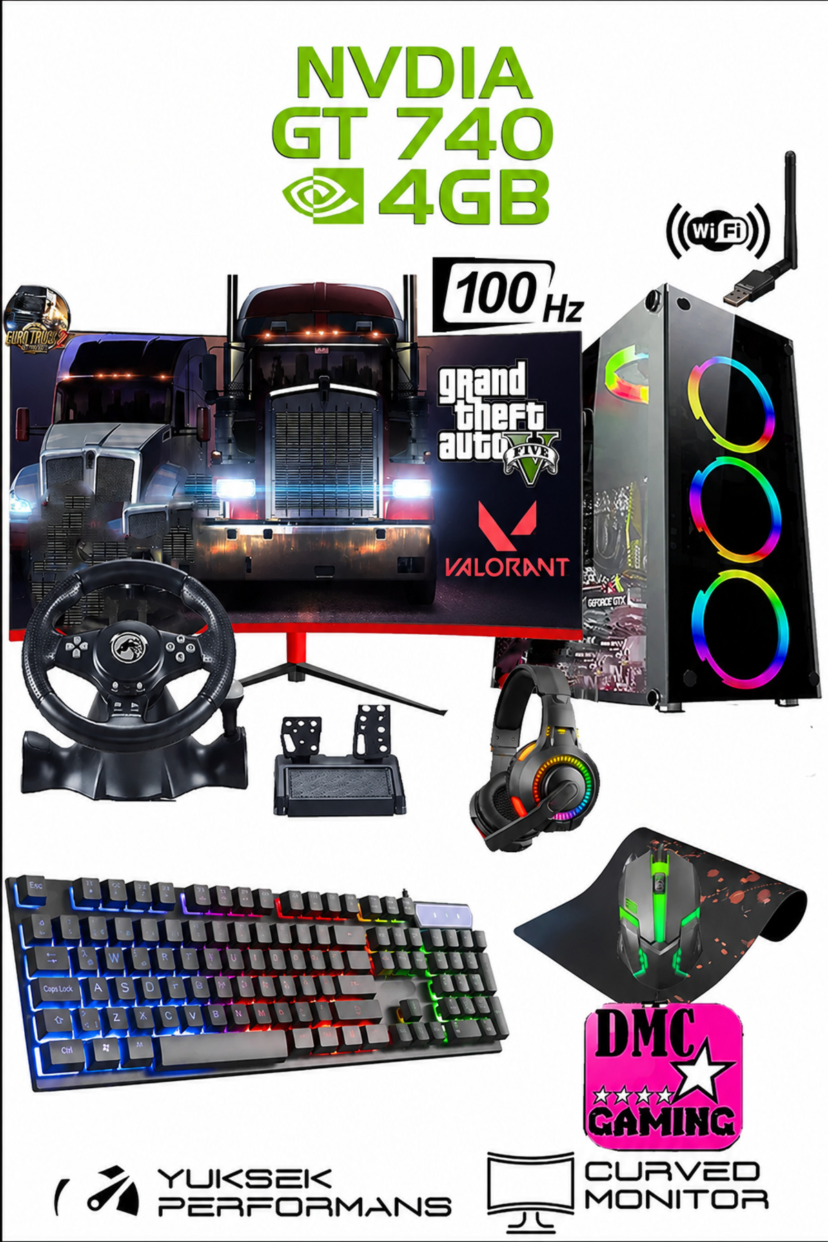 DMC N231 (GTA 5) I5 3470,16GB,500GB HDD,256GB SSD,4GB GT740,24''100Hz Curved Masaüstü Oyuncu Bilgisayar