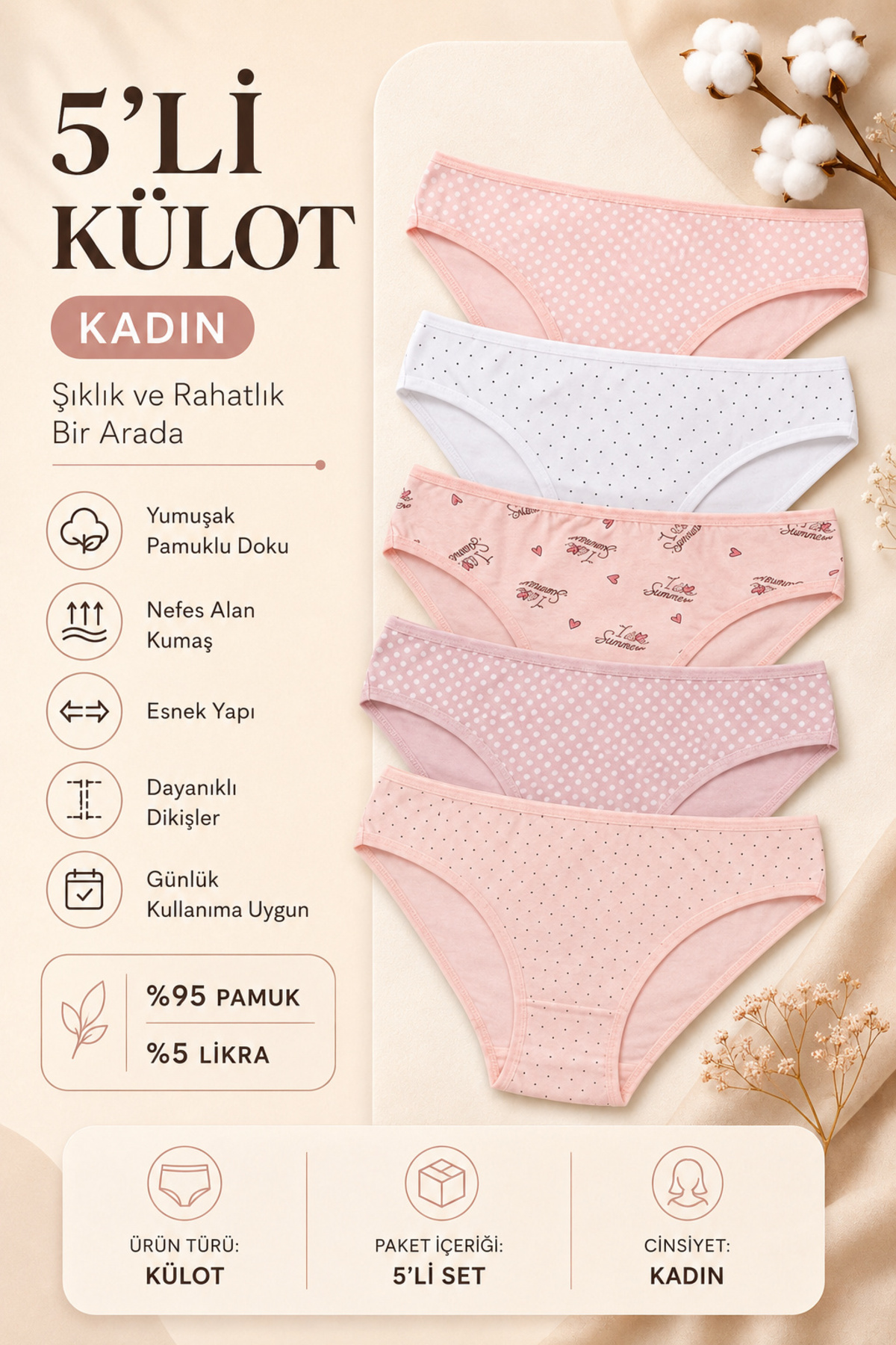 Women's Briefs 5-Pack Lycra Cotton Printed
