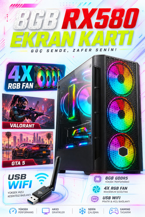 DMC N229 (PUBG,GTA 5) I5 3470,16GB RAM,256GB SSD,8GB RX580,Oyuncu Masaüstü Bi...