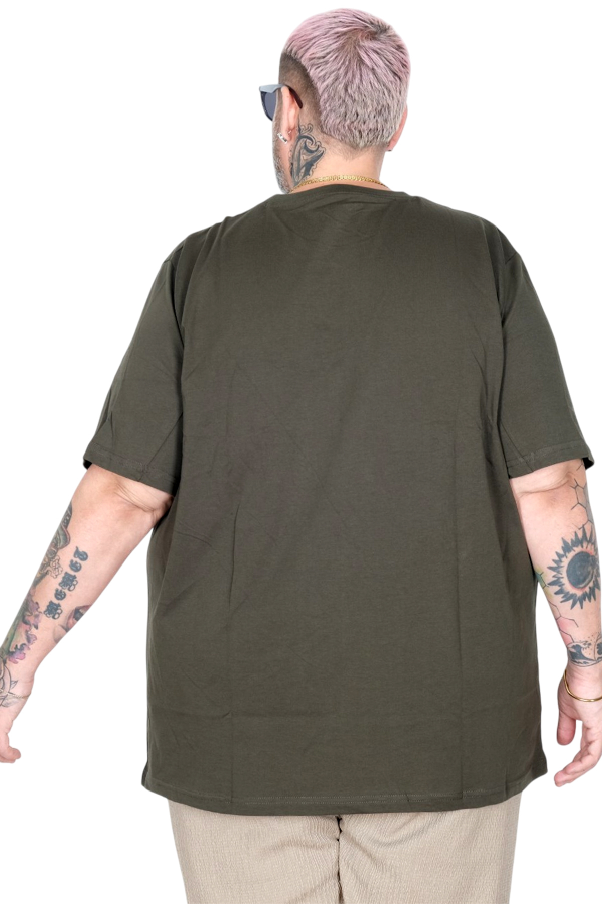 ModeXL Mode XL Büyük Beden Unisex Tshirt Bisiklet Yaka Basic 20031 Haki görsel 5