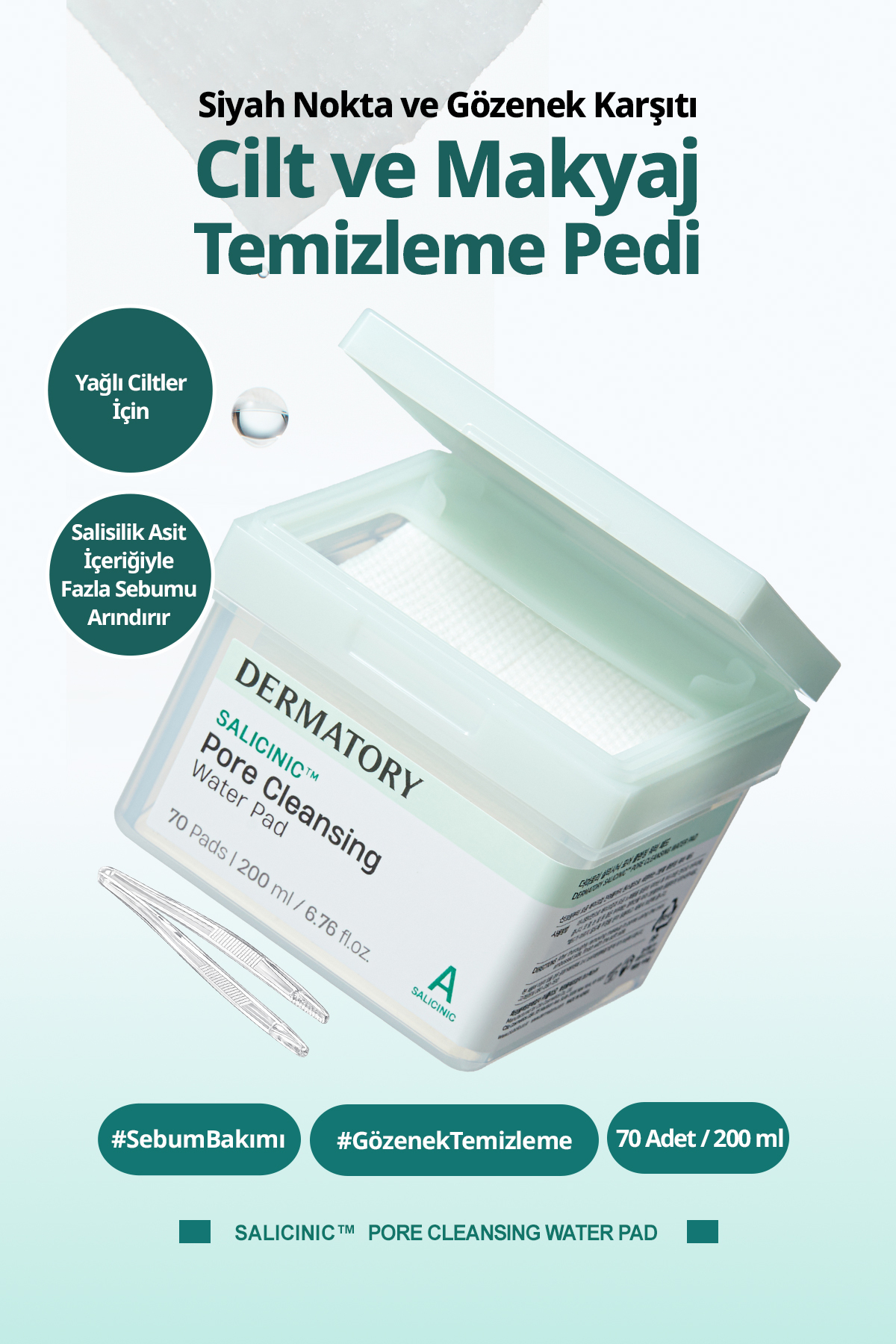 DERMATORY Ciltten Fazla Sebumu Arındıran Makyaj Temizleme Pedi Salicinic Pore Cleansing Water Pad — 9688