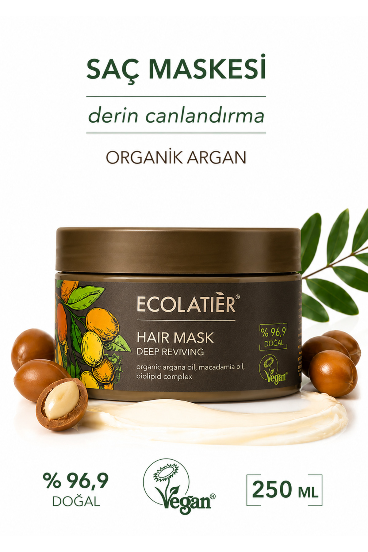 ECOLATIER Saç Maskesi Argan Yağlı Zayıflamış Saçlar İçin Güçlendirici Parlatıcı 250 ml — 8606032060023