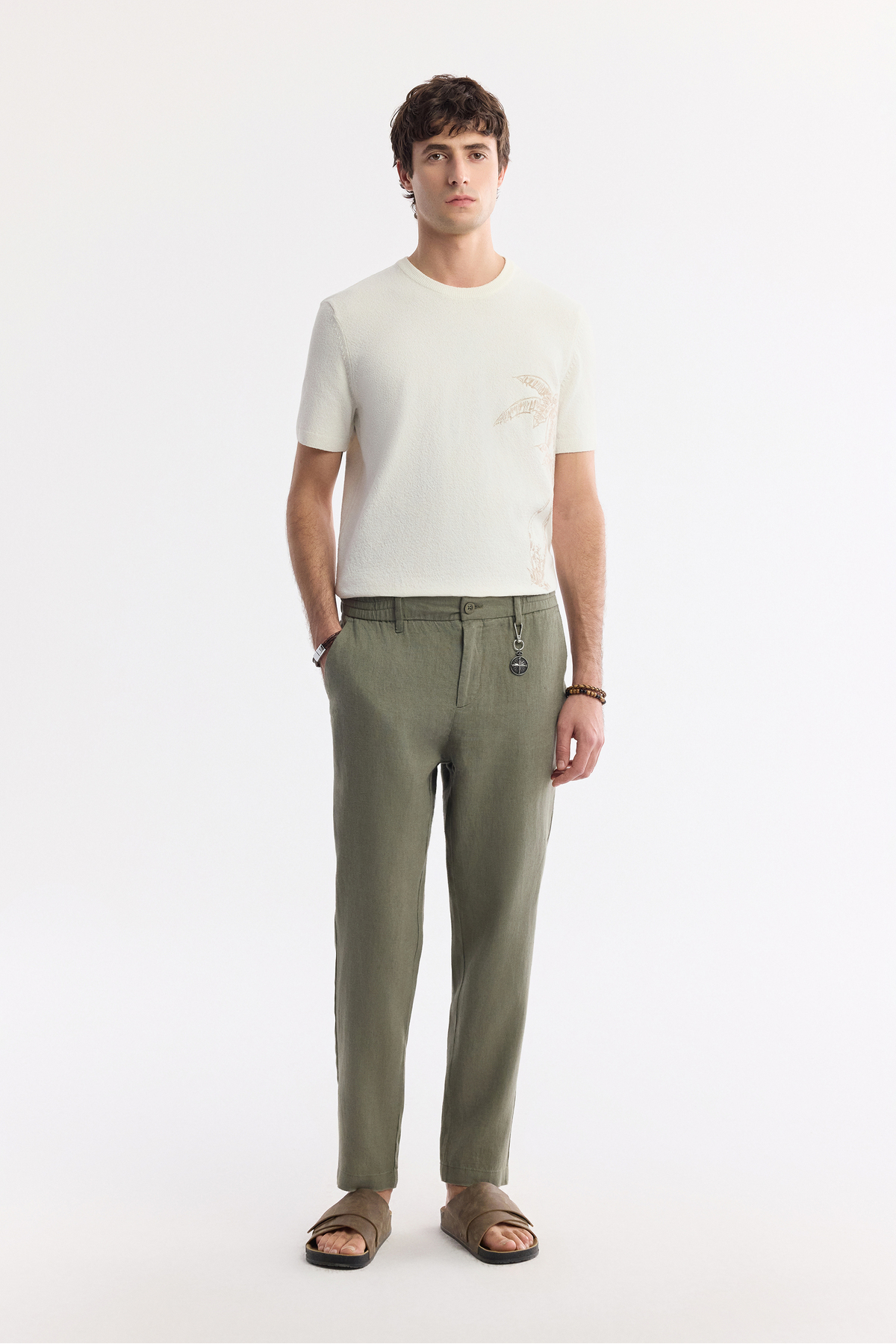 Men's Khaki Elastic Waist 100% Linen Relaxed Fit Pants B003032