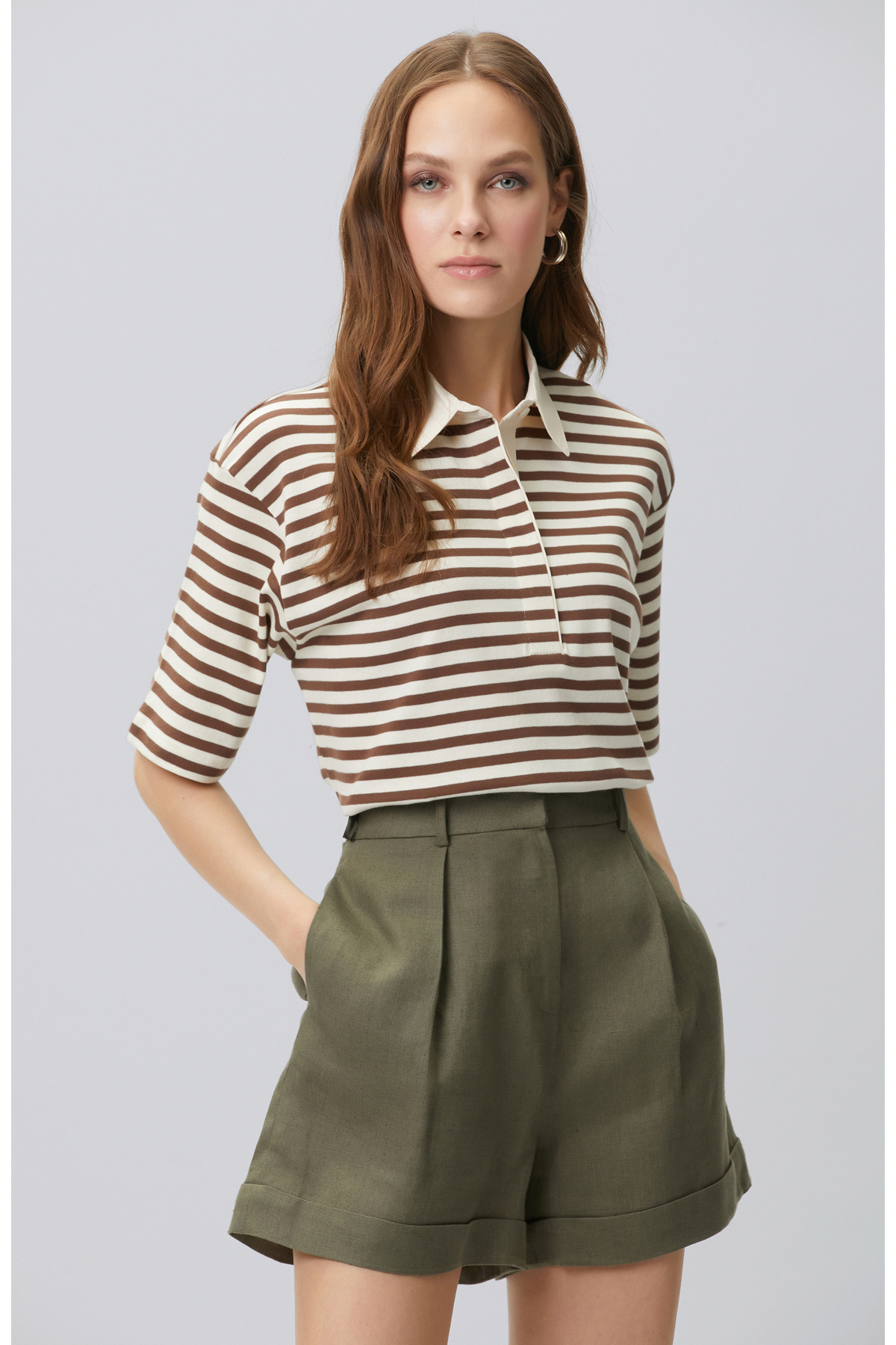 Brown Striped Polo T-shirt
