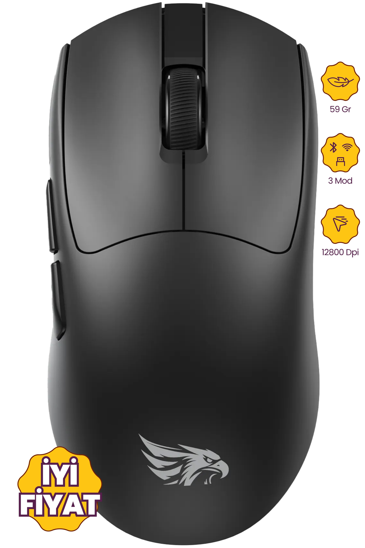 Prox Bluetooth-Wireless-Wired Rechargeable 12800 Dpi Lightweight 59GR Gaming Mouse Gaming Mouse BLACK