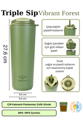 Fagel Fenix 710 ml Triple Sip Vibrant Forest Çift Katmanlı Paslanmaz Çelik Te...