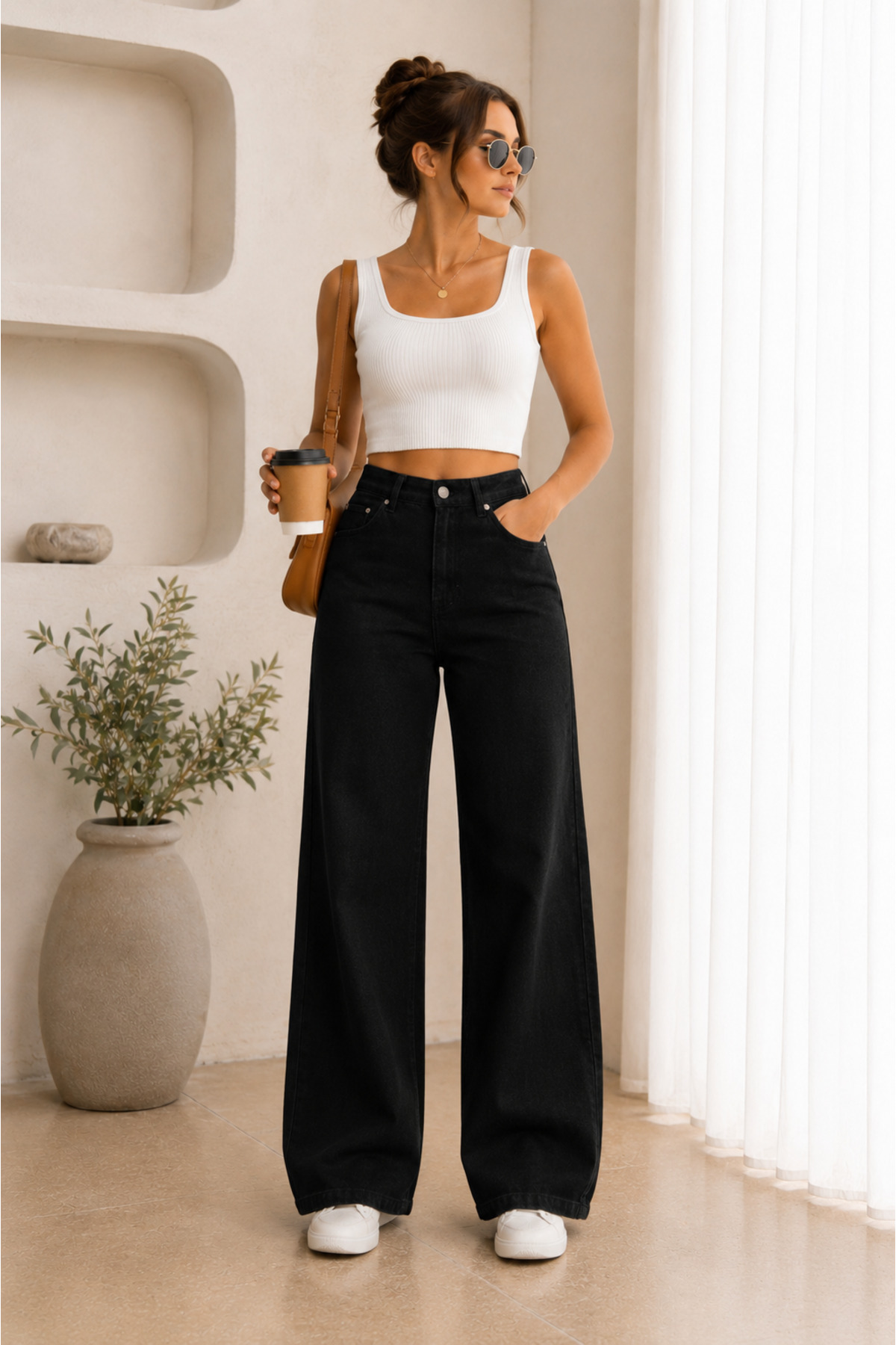 ZÉRIA Black Denim Palazzo Jean High Waist Wide Leg Women's Trousers Comfortable Fit