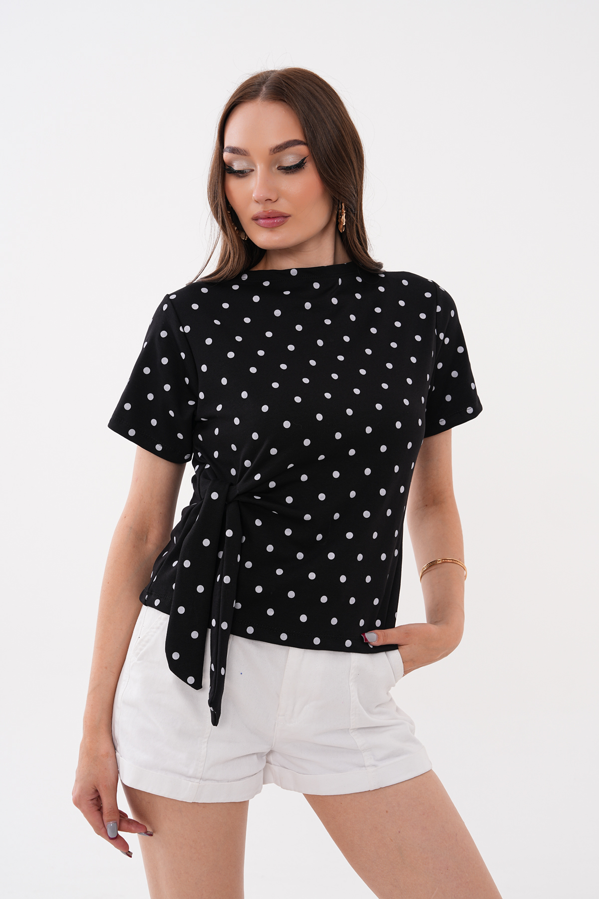 Mega Life Yandan Tie-Up Polka Dot Oysho Short Sleeve Blouse