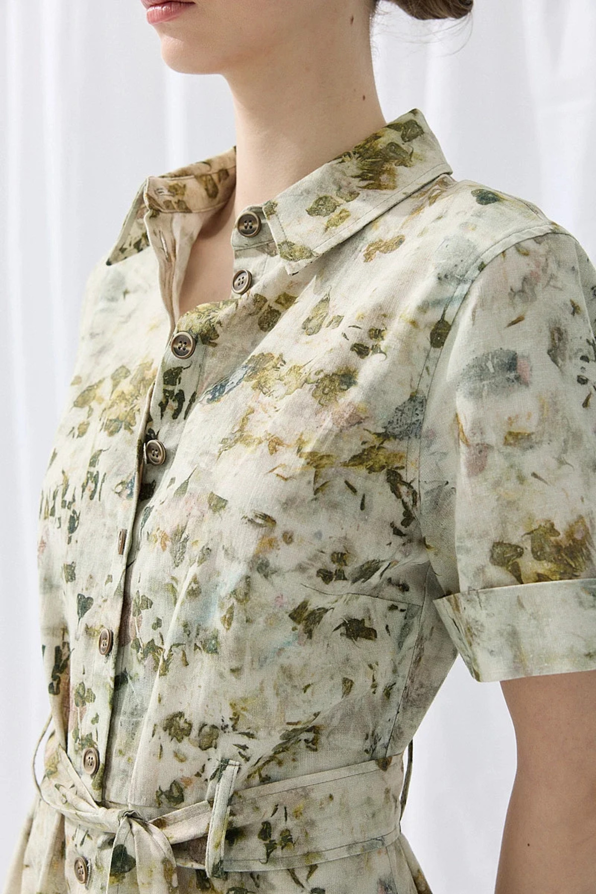 Gusto İz Koleksiyonu Eco Print Keten Midi Gömlek Elbise - Yeşil görsel 6