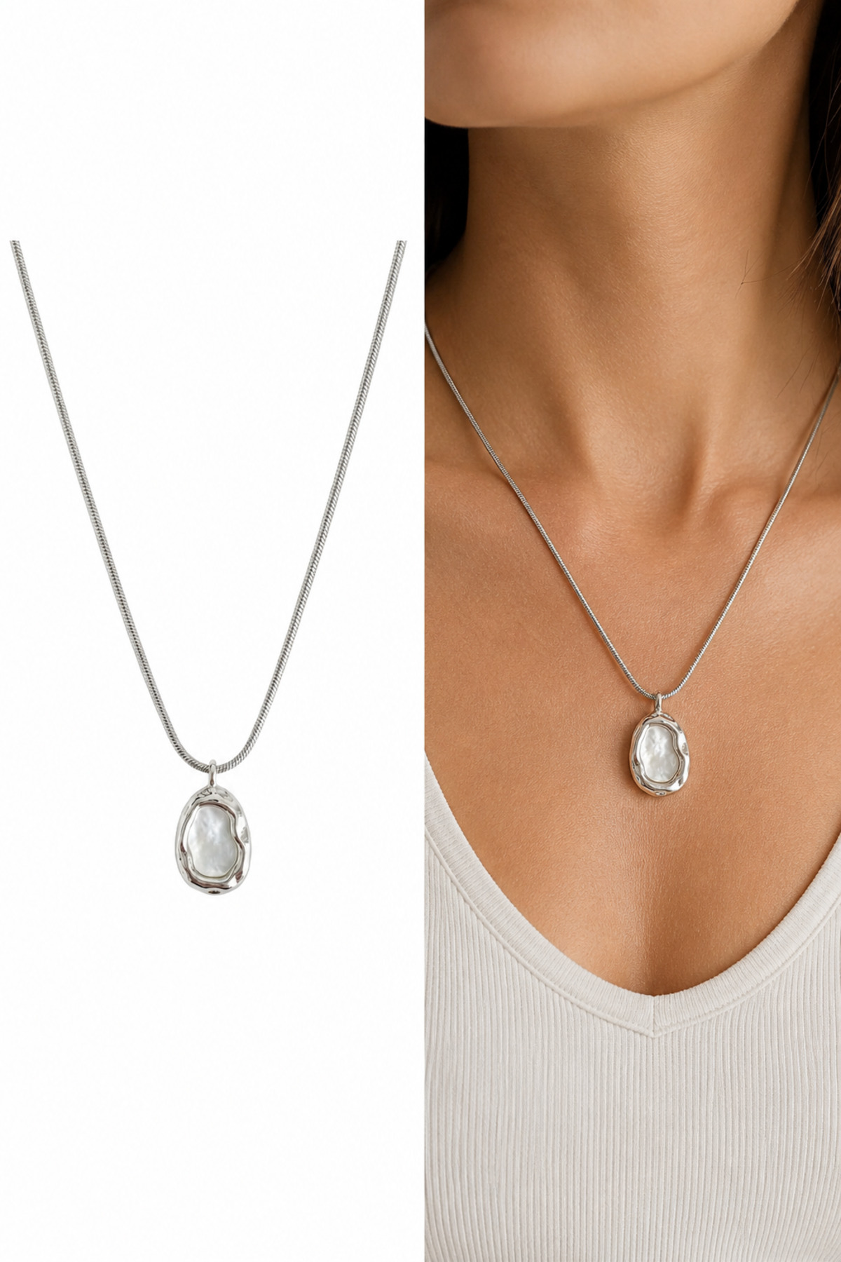 Sedefli Oval Plaka Charm Çelik Zincirli 45 cm Yazlık Gümüş Kolye