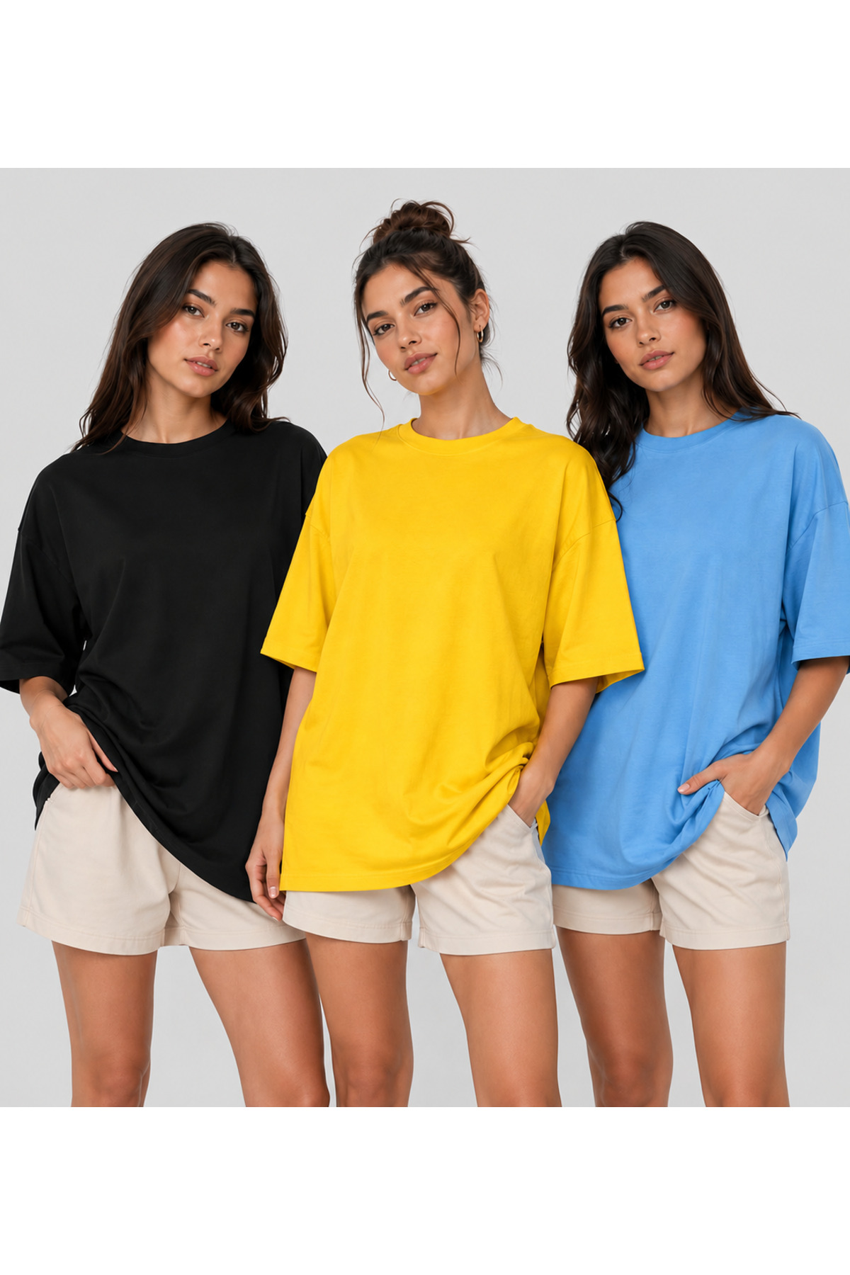 3-Piece Set Oversize 100% Organic Cotton Round Neck Wide Cut T-Shirt