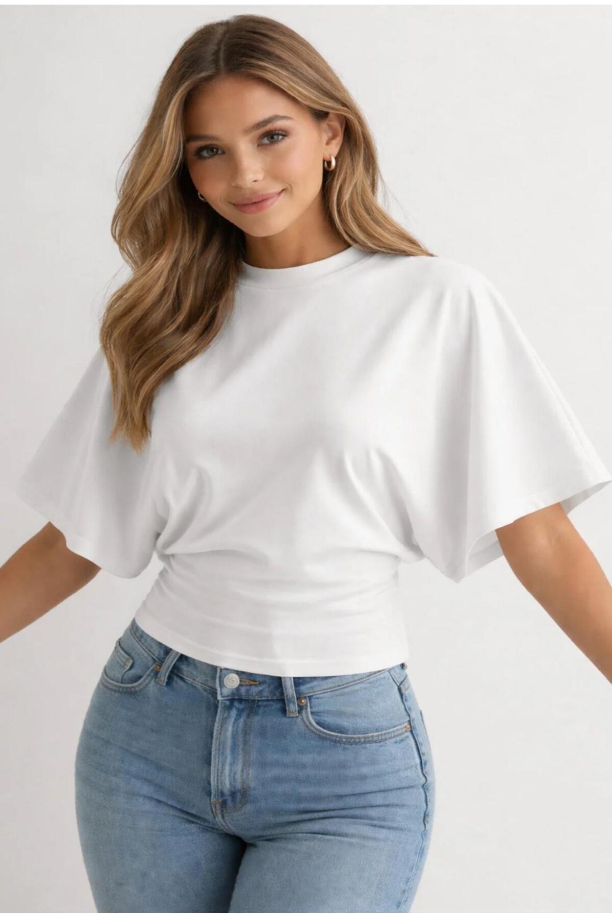FLEX FASHION  kadın Bele Oturan Geniş Kollu Üst Beyaz Bluz