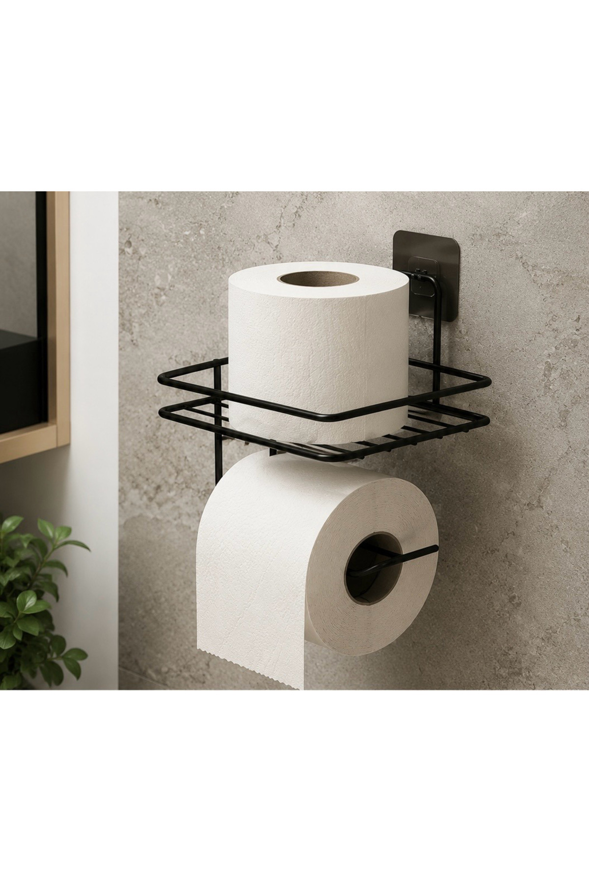 Toilet Paper Holder with Shelf Black Metal – Modern Bathroom WC Paper Holder Organizer with Adhesive without Punching