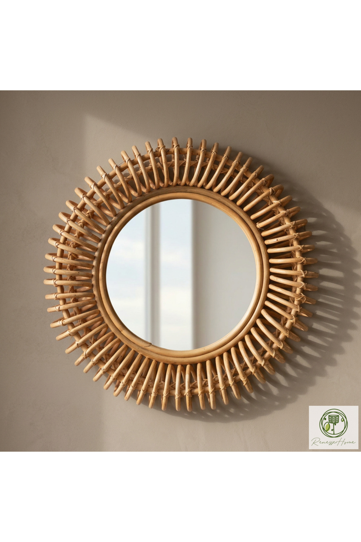 Layun Handmade Premium Rattan Wall Mirror – 60cm Natural Bohemian Decor