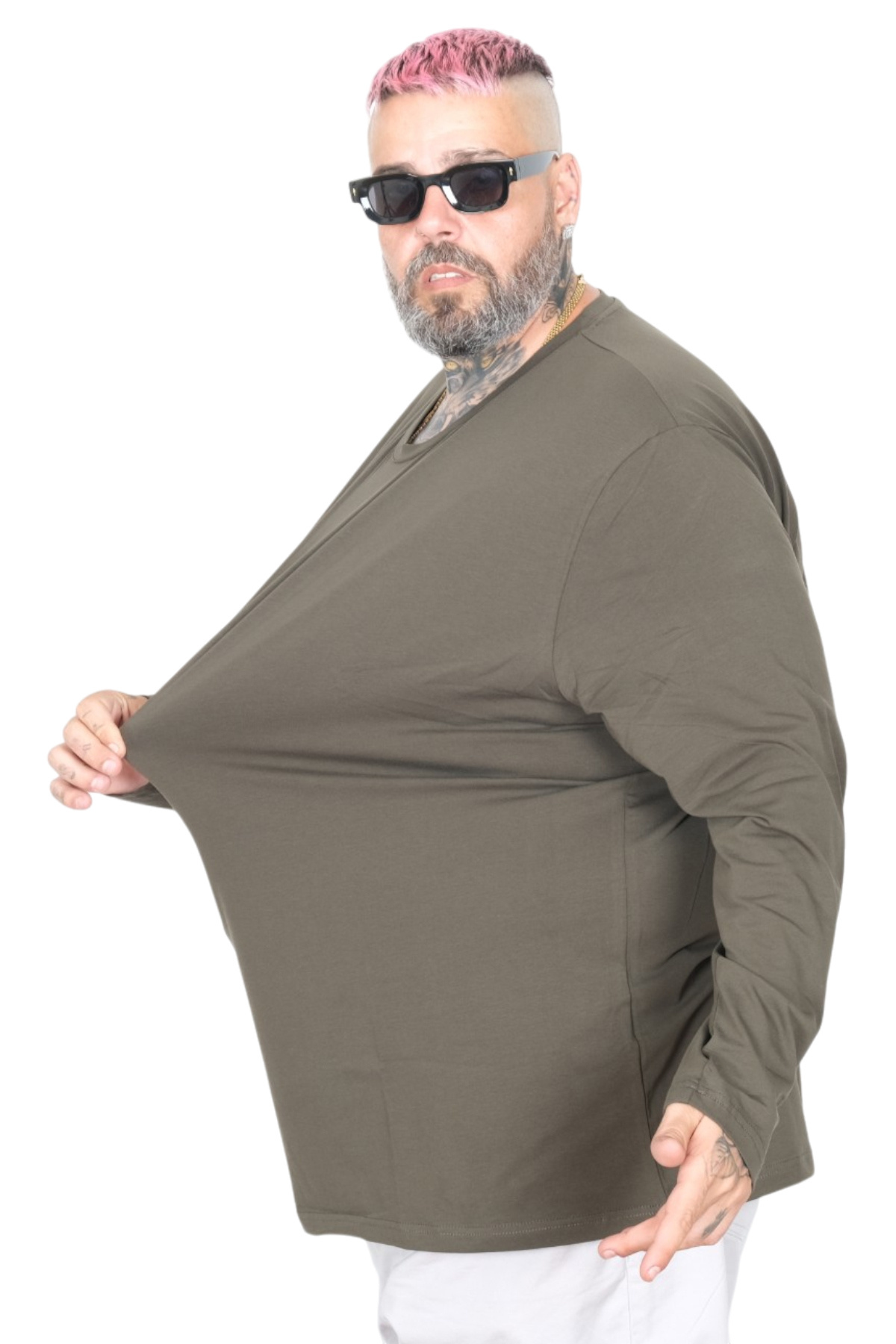ModeXL Mode XL Büyük Beden Erkek Tshirt Likralı Bisiklet Yaka 20102 Haki görsel 2