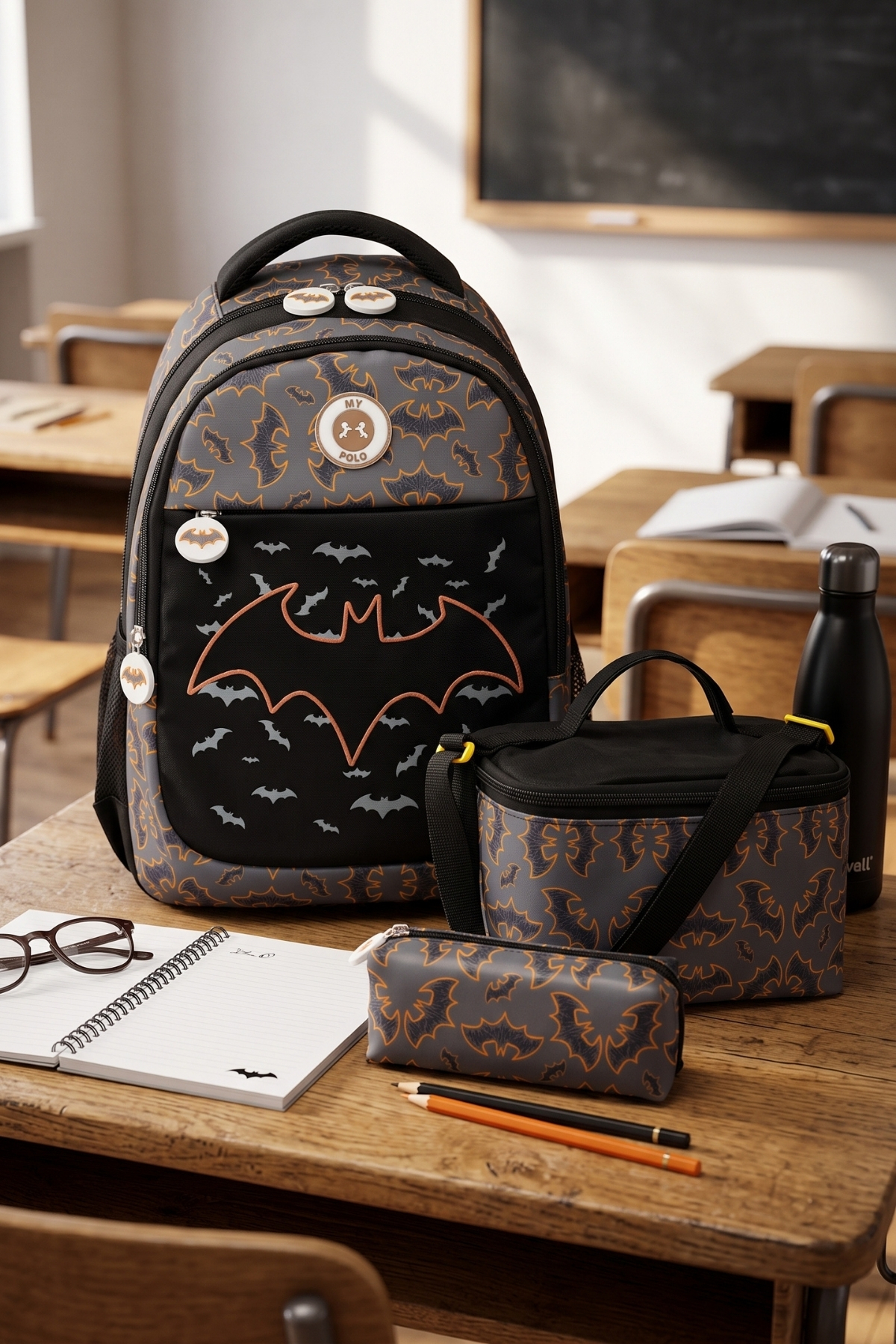 By Hakan My Polo 2075 3-Piece Set Boys' Primary School Bag with Pen Holder and Lunch Bag Backpack Black