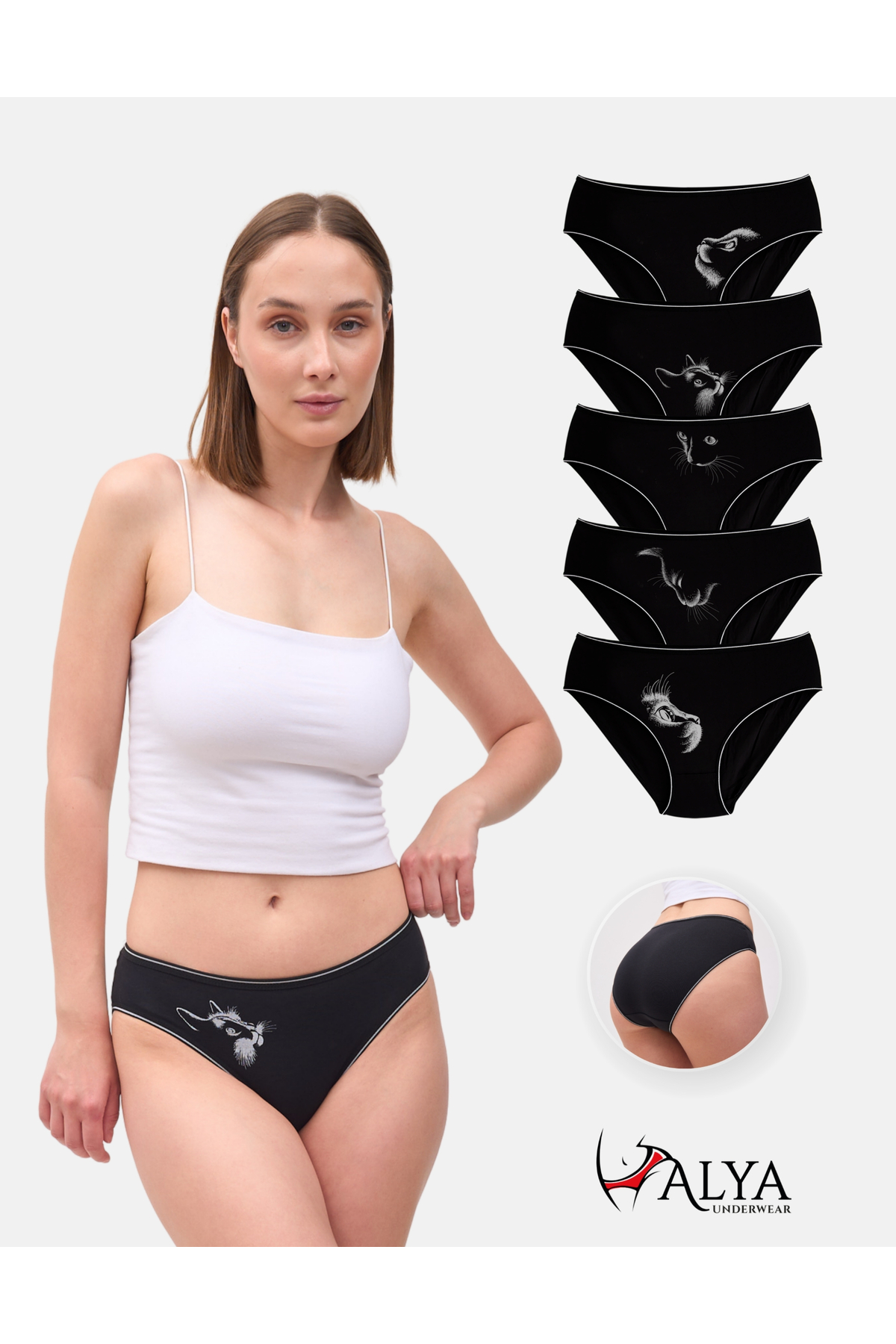 Women's Cotton Panties, Cat Printed - Baton Mold - 5 Pcs Black