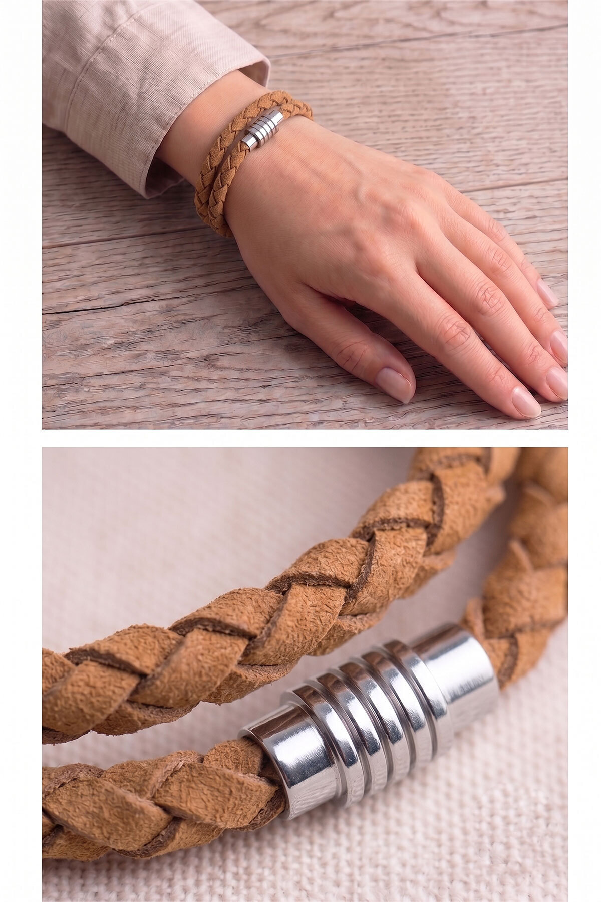 Beige Genuine Leather Magnet Closed Knit Bracelet