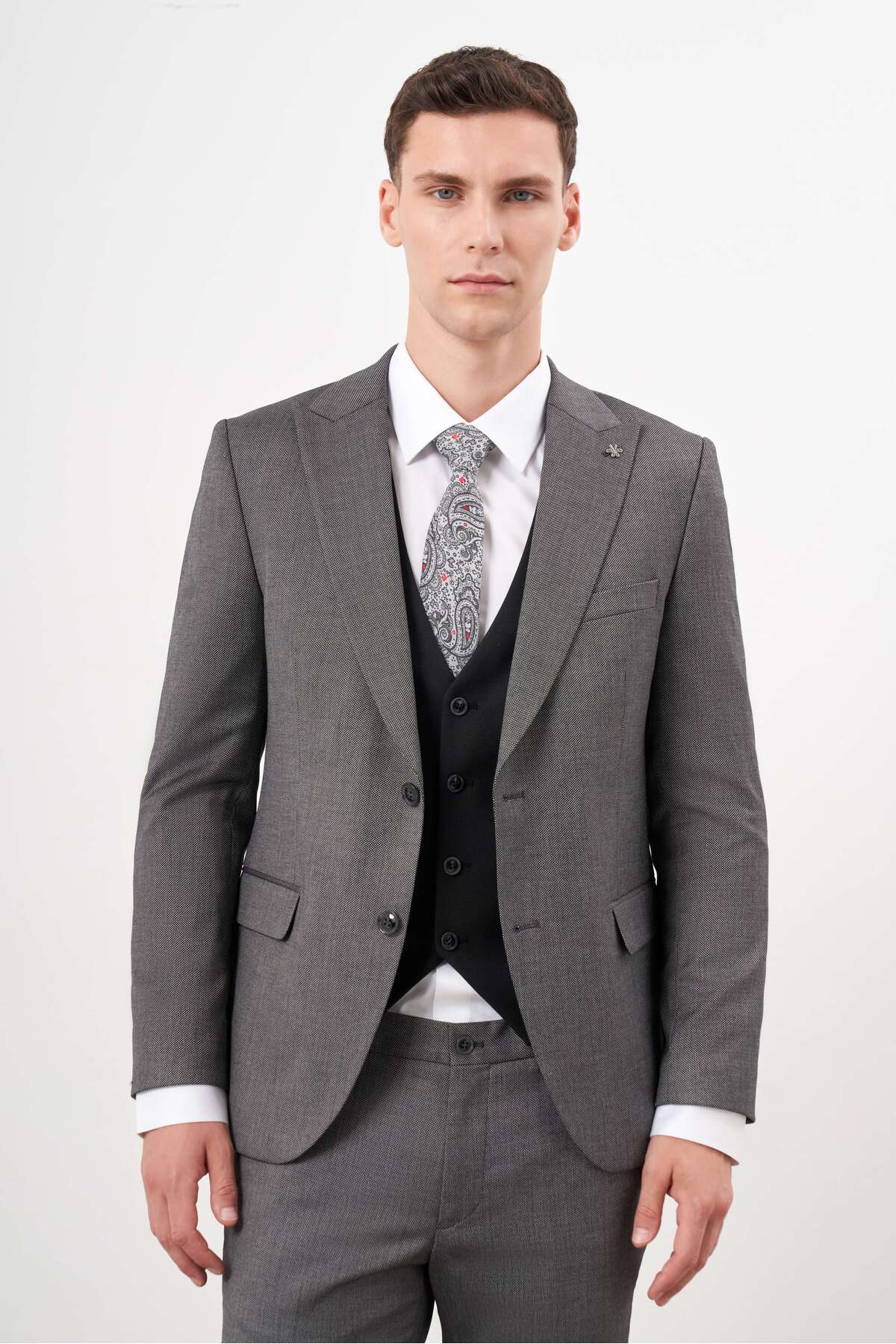 Morven Men's Black Polyviscose Trend Vest Combination Pointed Collar Suit
