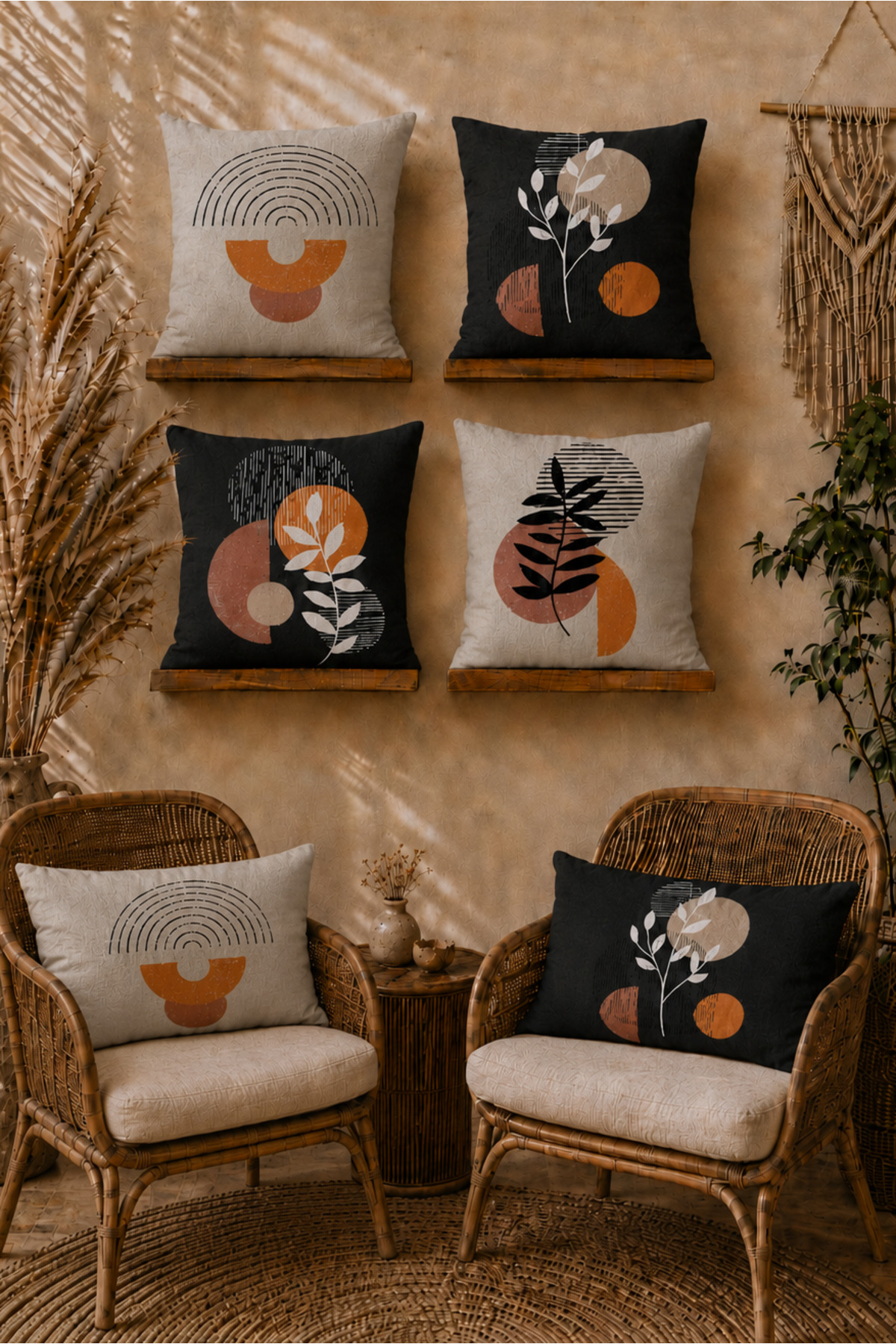 Modern Beige Anthracite 6-Piece Double-Sided Printed Rectangle 30x50 And 43x43 Square Cushion Pouch Set
