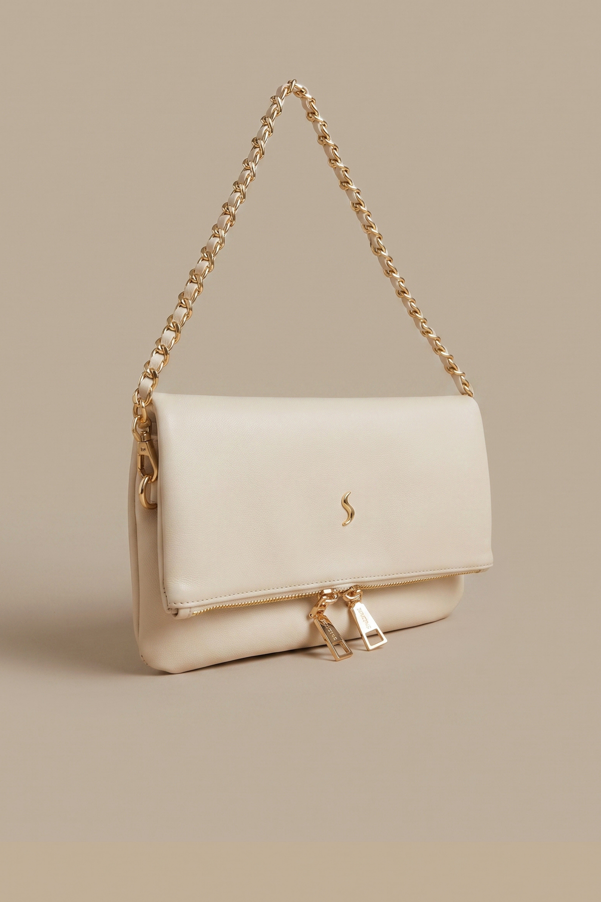Santini Collection Kadın Çanta Çapraz Çanta Askılı Kol Çantası Omuz Çantası Çift Zincir Askılı Clutch El Çantası, Krem Lior Fold görsel 2