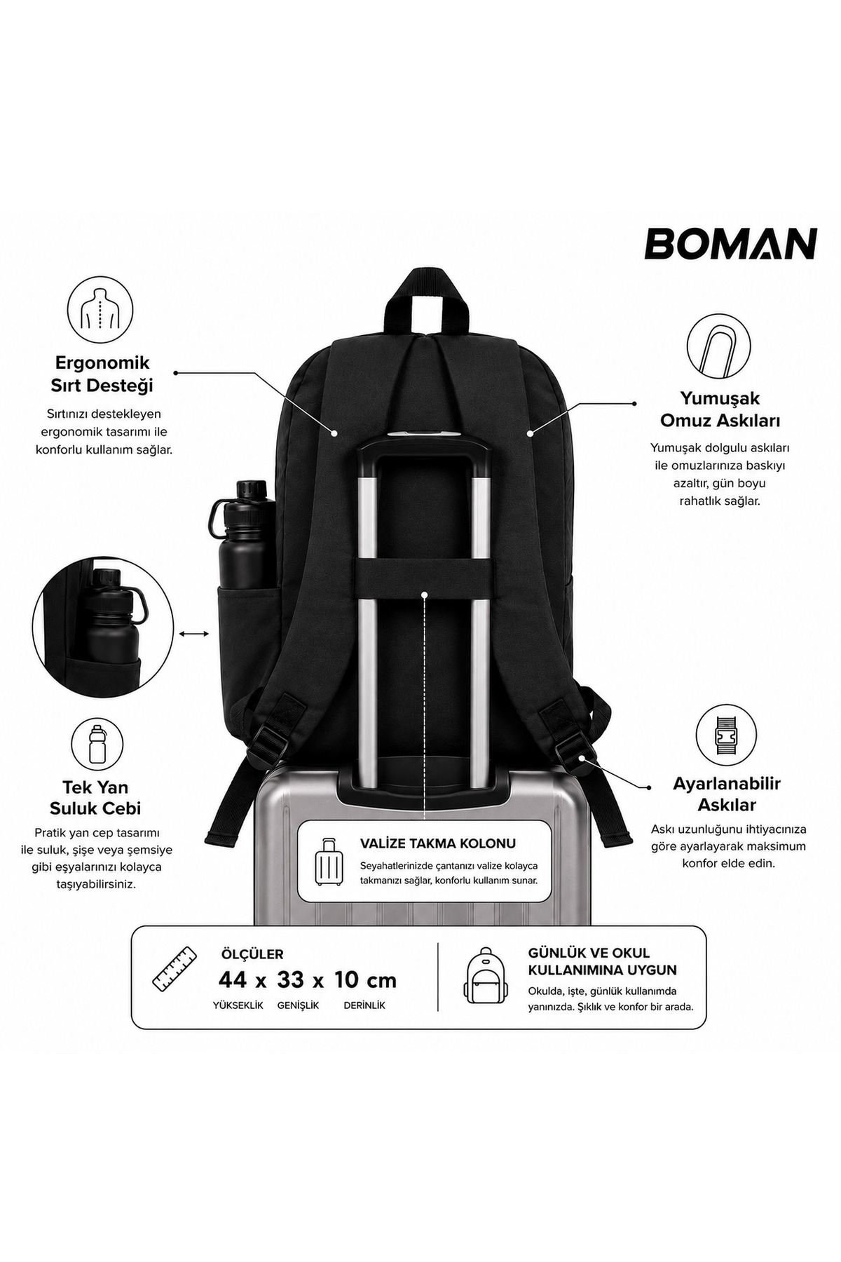 Boman Unisex Çok Gözlü Su Geçirmez Spor Kurs Laptop Gezi Seyahat Ve Günlük Kullanım Sırt Çantası görsel 3