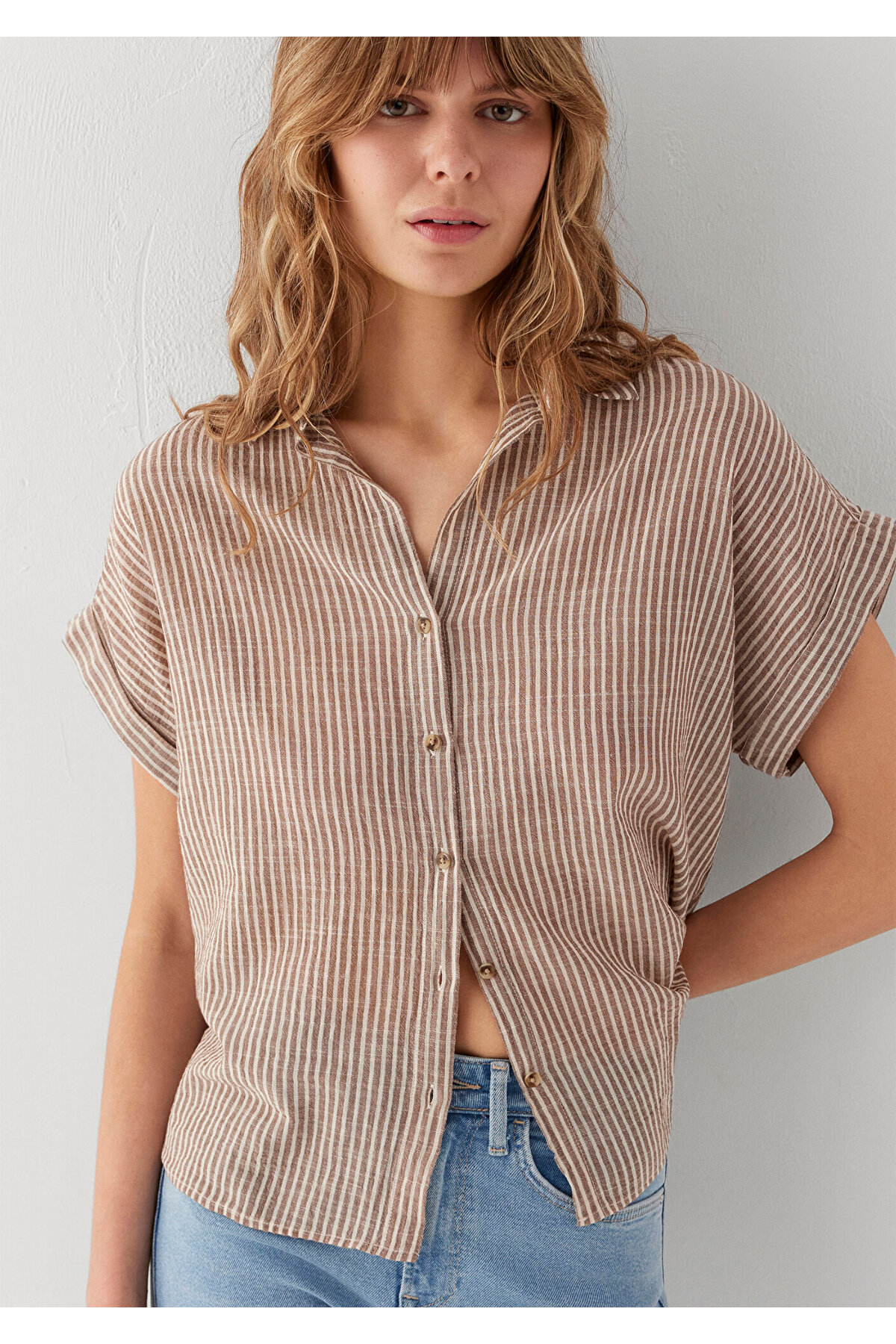 Mavi Kısa Kollu Çizgili Kahverengi Gömlek Loose Fit / Bol Rahat Kesim 1210445-85431 — قهوه‌ای